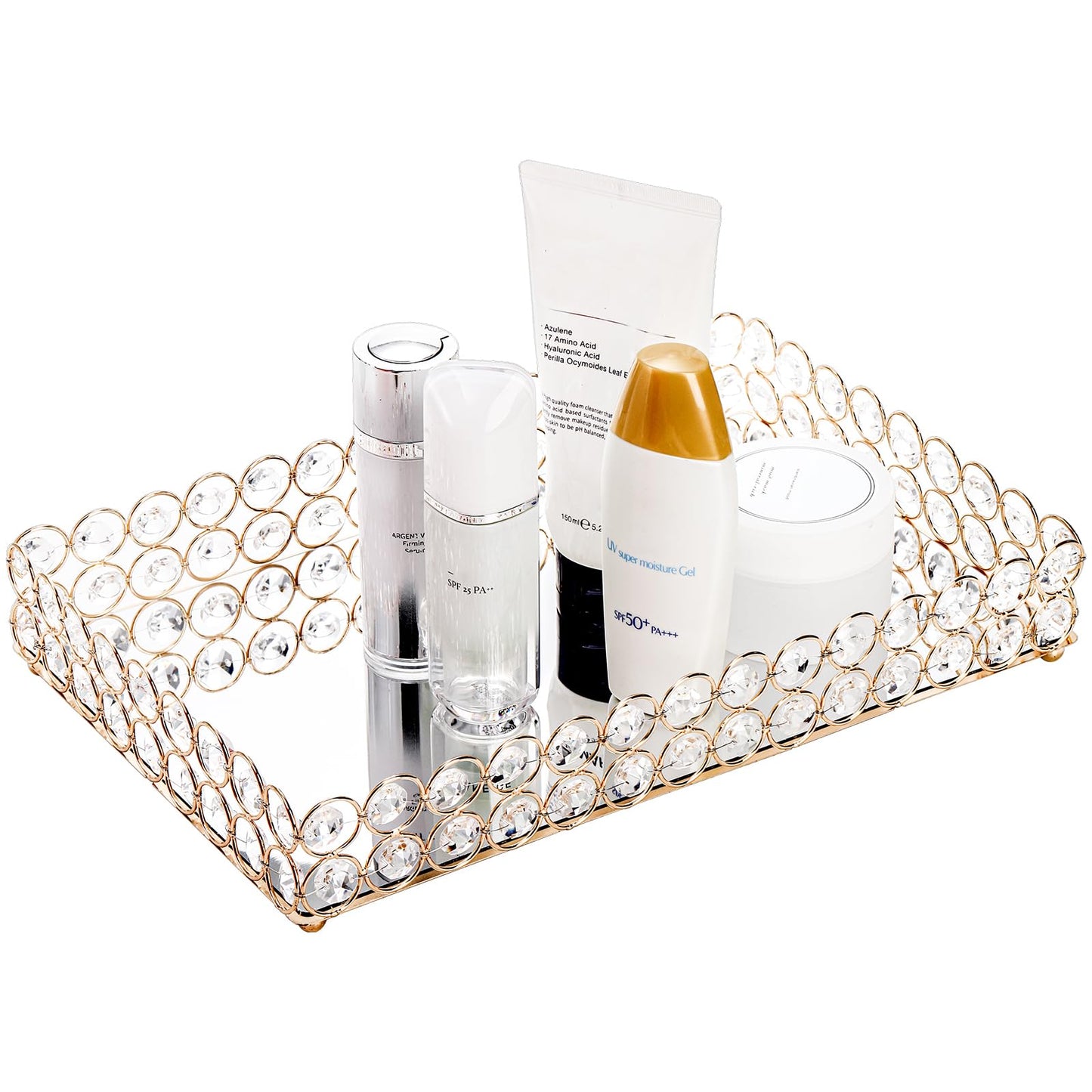 Hedume Crystal Vanity Tray, 12.3" x 8" Mirrored Cosmetic Makeup Tray, Large Jewelry Trinket Organizer Tray, Ornate Decorative Tray for Dresser Countertop Wedding Home Bathroom