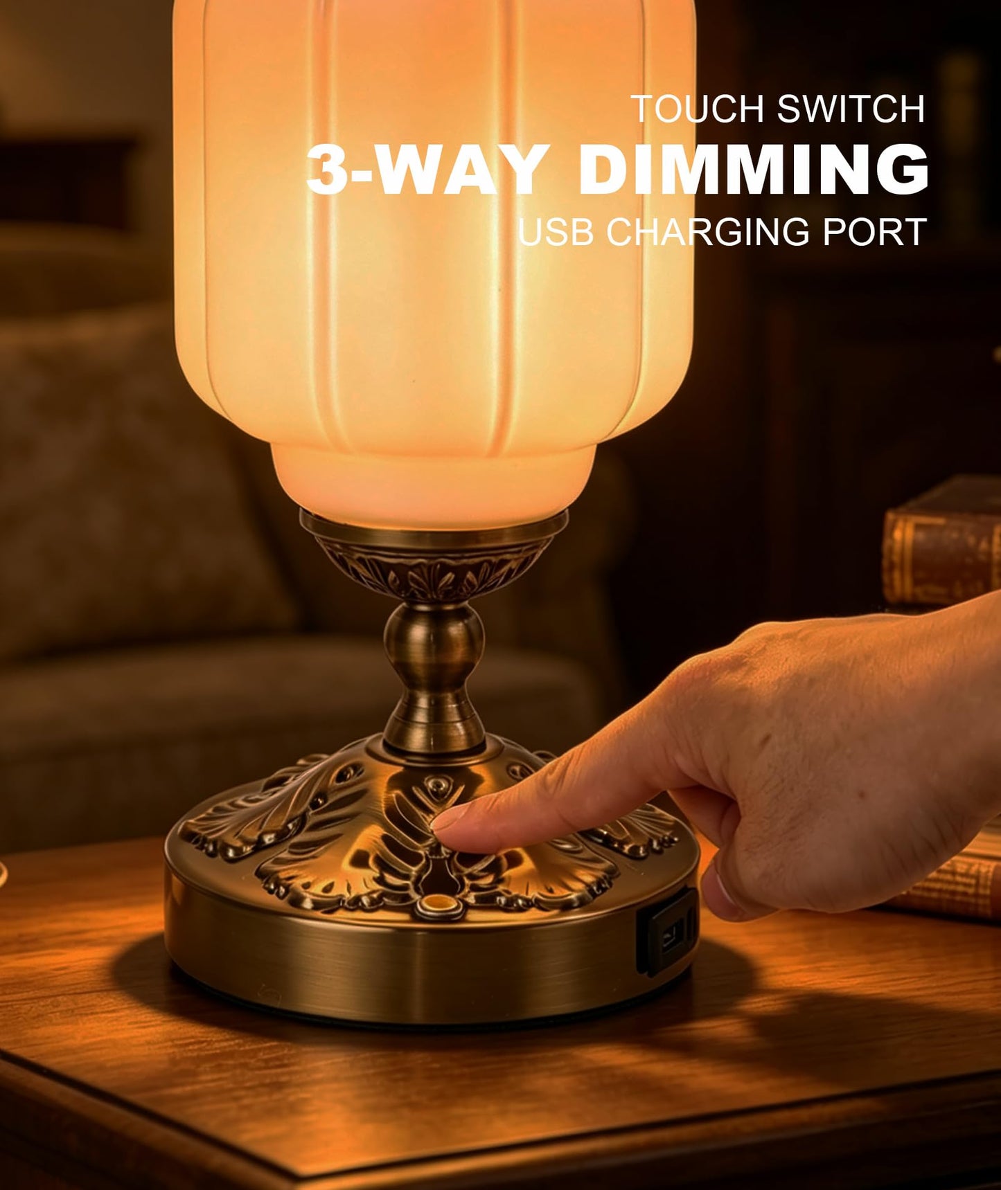 Glazart Luxa Vintage Touch Table Lamp, Milk Glass Shade with Metal Base, 3 Way Dimmable Desk Light with USB Charging Ports, Retro Lamp for Living Room Bedroom Bedside Nightstand
