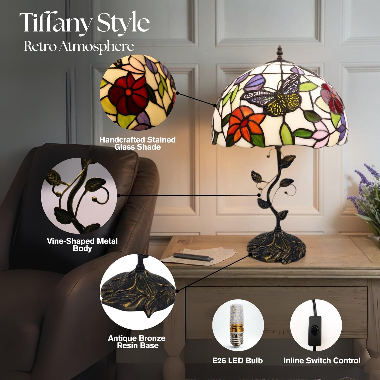 3EShinesys Tiffany Table Lamp, 12" Butterfly Flower Handmade Stained Glass Lamp Shade, Vintage Reading Light for Bedroom Living Room, LED Bulb Included