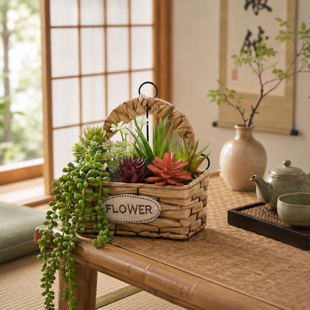 Gresorth 9 Pcs Fake Succulents Hanging Assorted Plants in Woven Basket Artificial Succulent Plant Arrangement Faux String of Pearls Aloe Aeonium Decoration Cabinet Shelf - 8.8 Inch