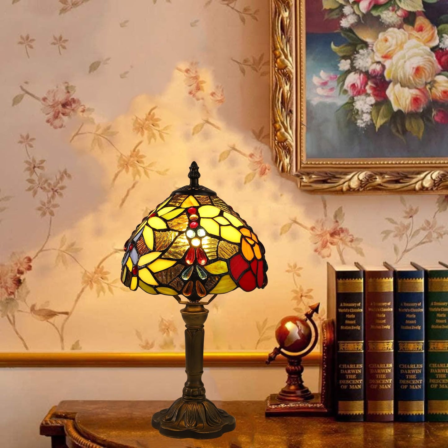 tuomoxte Tiffany Small Table Lamp for Bedroom Set of 2,Bedside Nightstand Lamp Rose Flower Grape Stained Glass Table Lamps for Living Room,3 Color Temperature Home Office Desk Lamp+LED Bulb