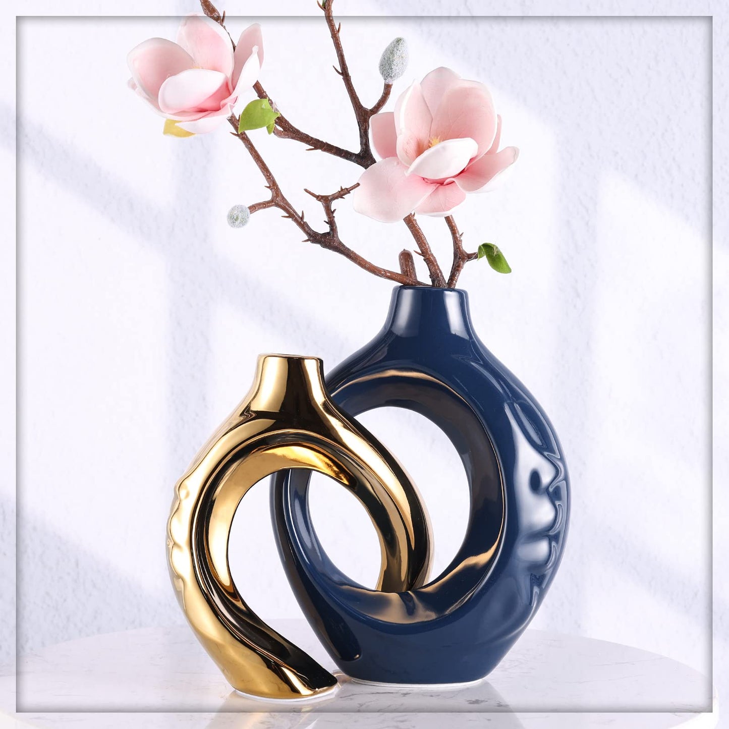 oliruim Navy Blue Home Decor Ceramic Vase, Navy Blue Gold Round Vase with Holes Set of 2, Suitable for Wedding Entrance Decoration, Bookshelf, Mantel, Unique Home Decor (Blue Gold)
