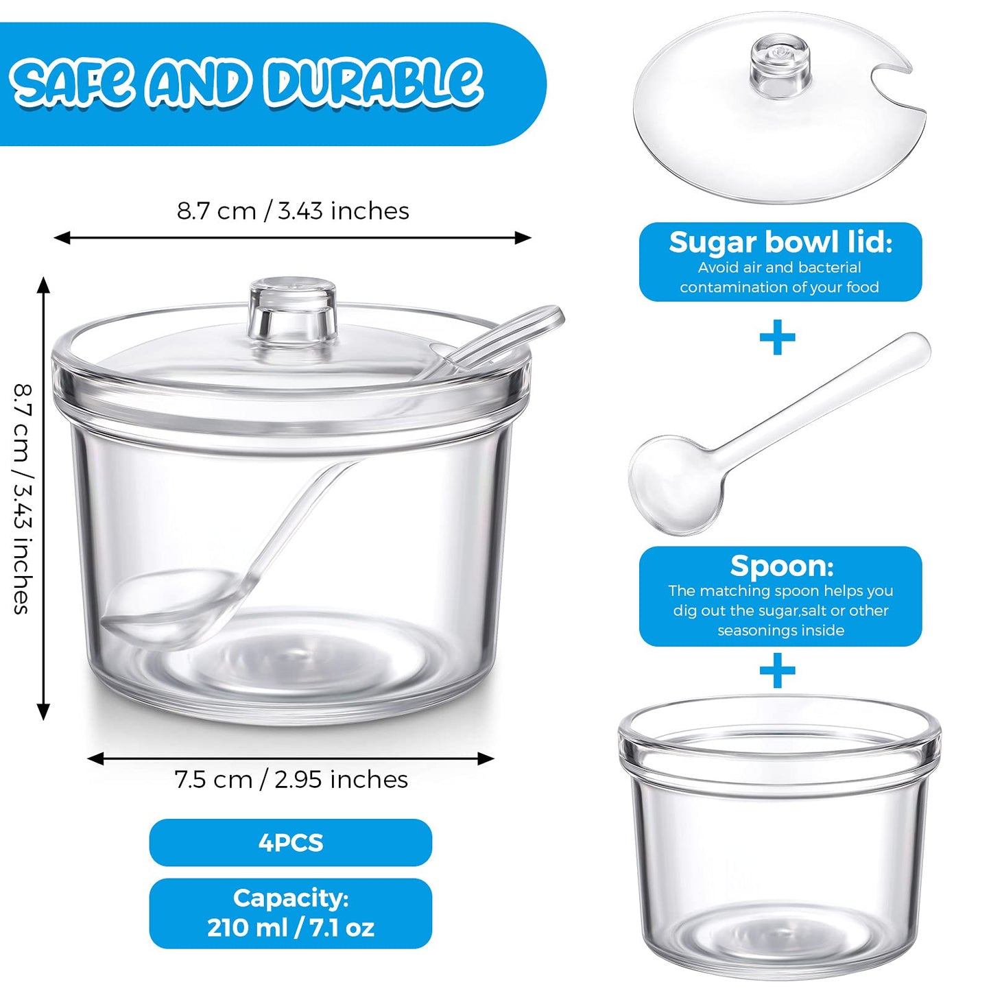 Patelai 4 Pieces Sugar Bowl Acrylic Clear Sugar Bowl with Lid and Salt Spoon Storage Jar with Airtight Lid for Salt, Tea, Spices, Herbs, Condiments(7.1 oz)