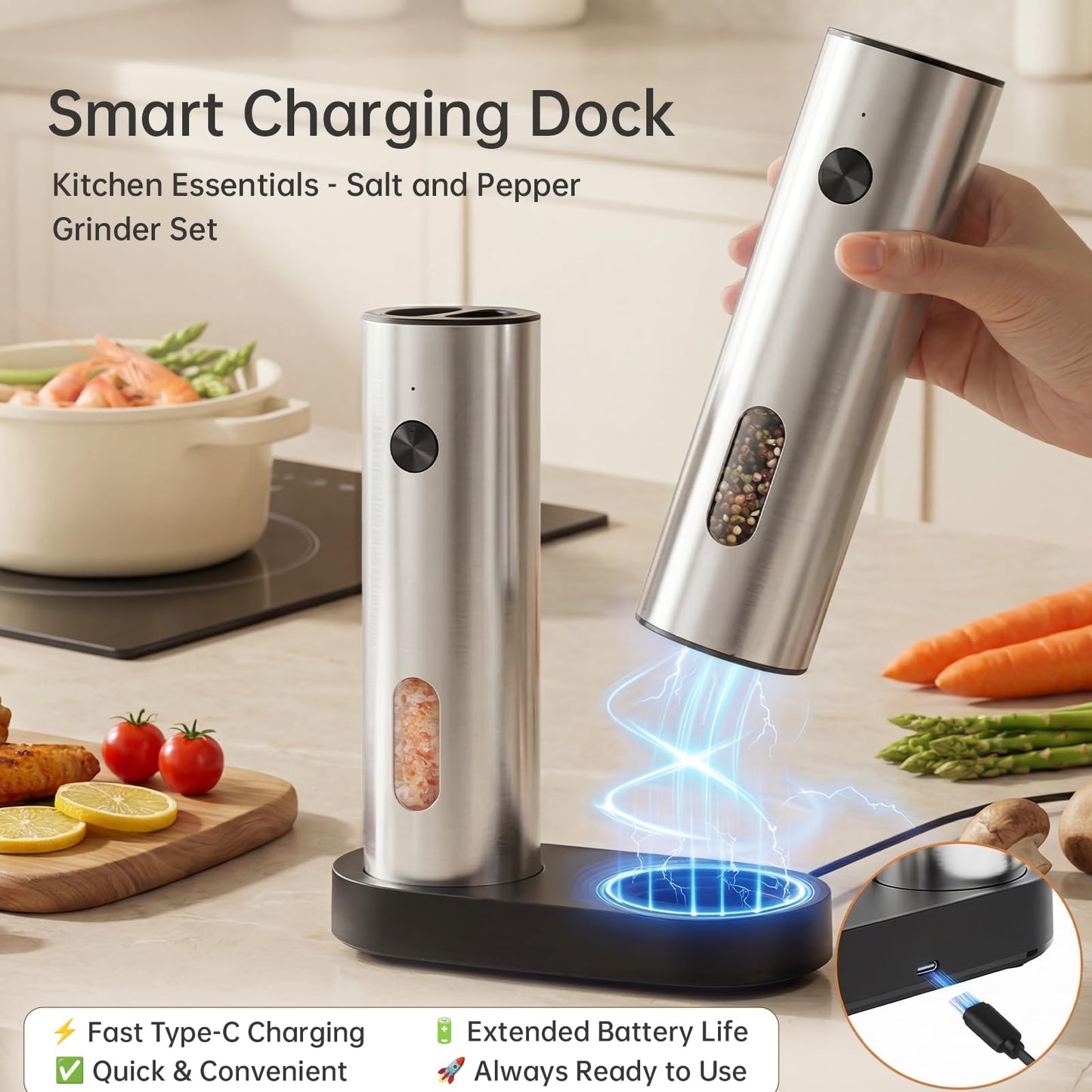 Electric Salt and Pepper Grinder Set, Pepper and Salt Shakers, Auto Pepper Mill with Rechargeable Base/Led Light/Adjustable Coarseness, Kitchen Essentials Ideal for Daily Use & New Home Gift