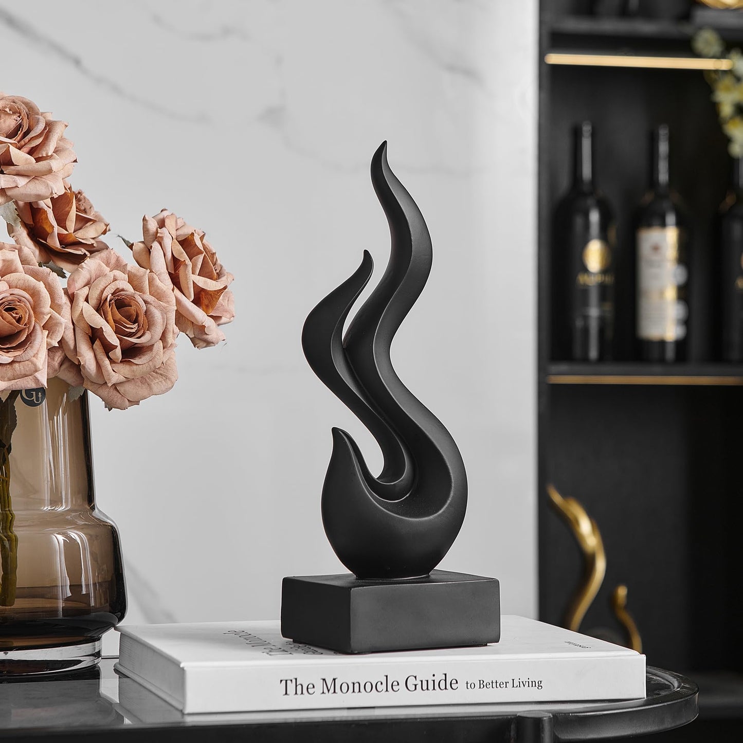 Modern Abstract Art Table Decoration, Gold Decor Flame Statue for Living Room Home, Black Shelf Decor Accents, Abstract Art Resin Sculpture for Dining Room, Office & Coffee Table Centerpiece (Black)