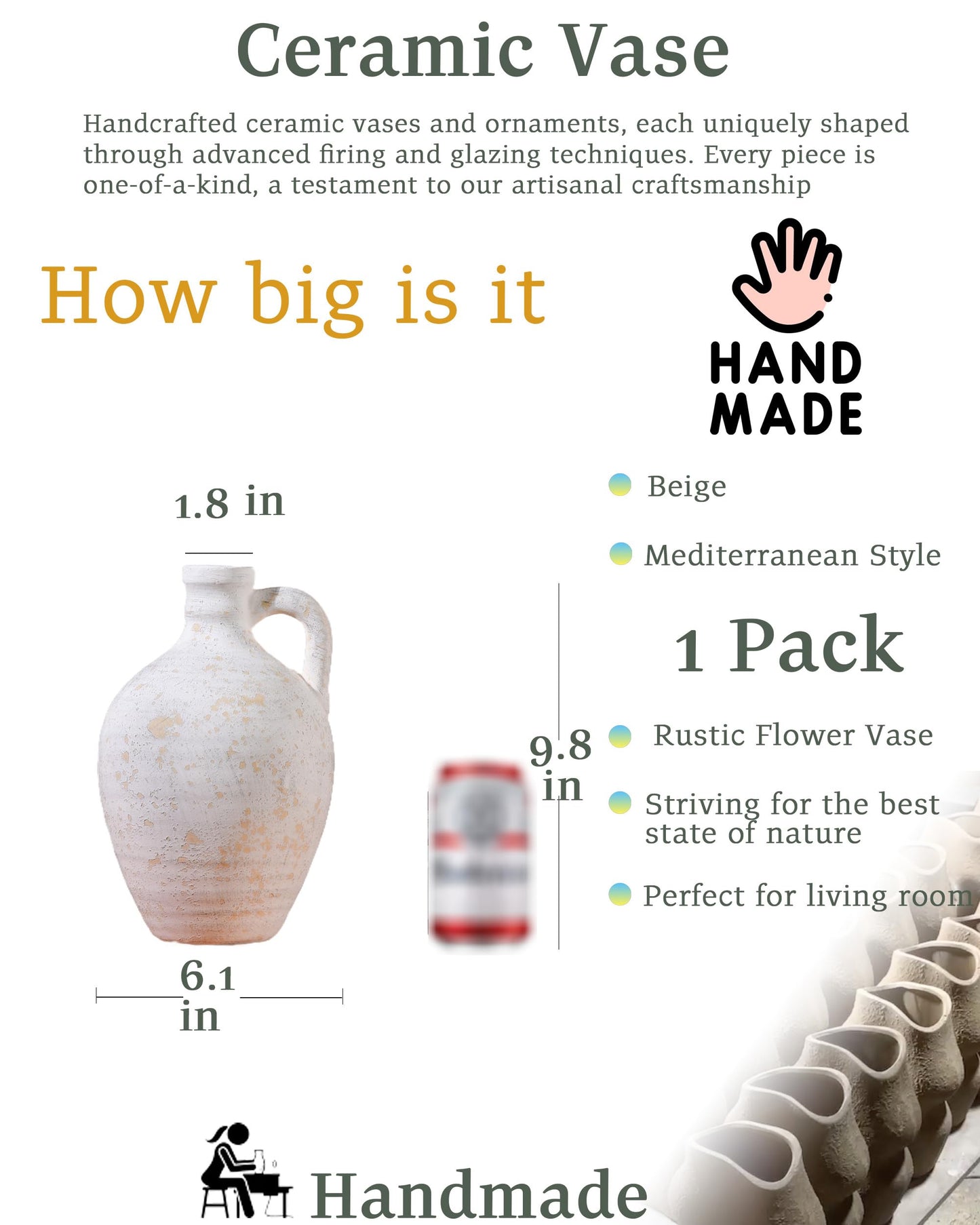 UPWOIGH 9.8in Ceramic Flower Vase with Handles