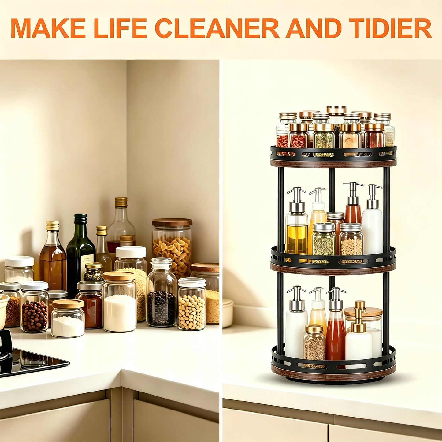 3 Tier Lazy Susan Organizer - 360° Rotating Spice Rack, Industrial Spinning Spice Rack, Versatile Wooden Lazy Susan Turntable for Kitchen Cabinet, Countertop, Pantry, Bathroom, Vanity