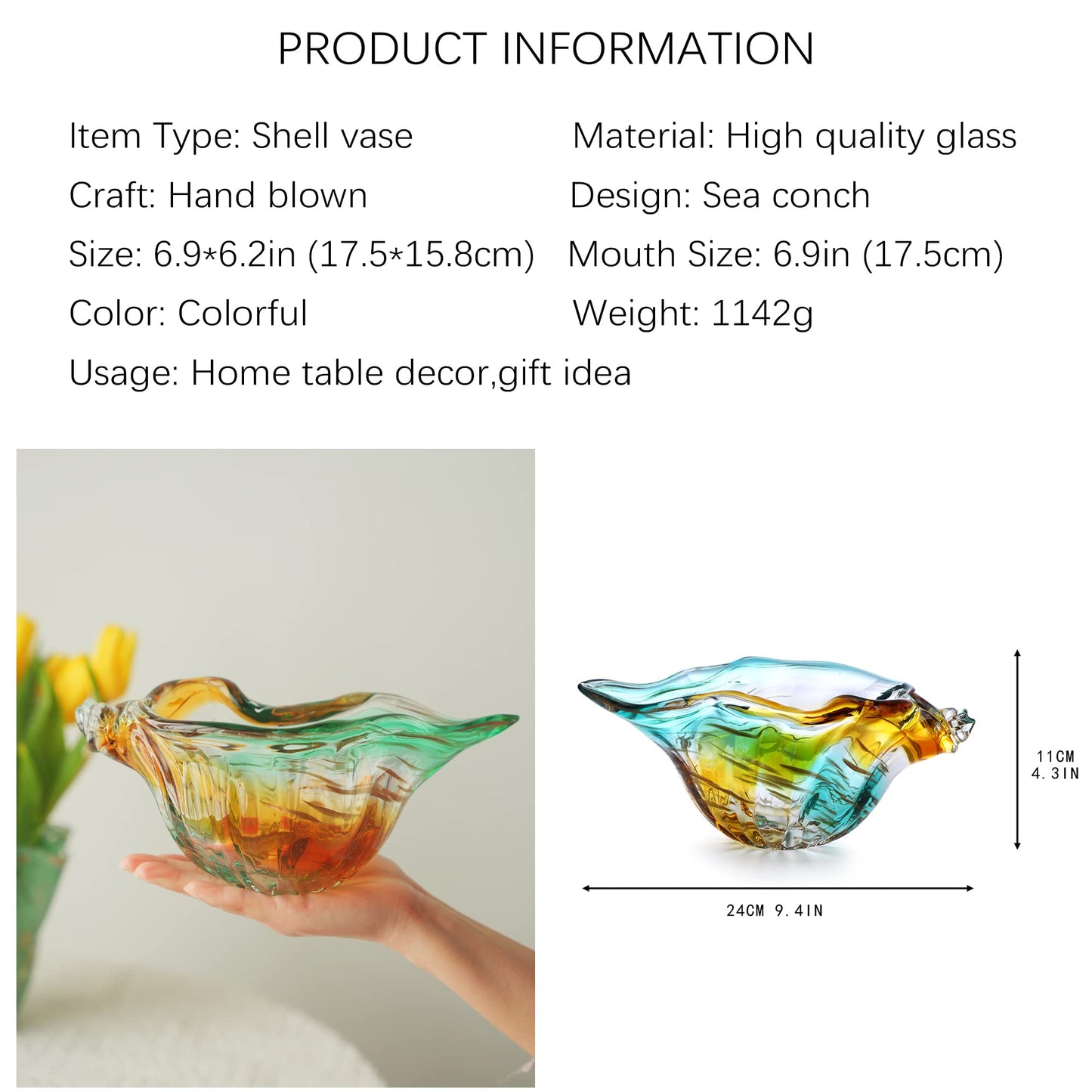 Hand Blown Green Classic Vase and Shell Vase for Home Decor