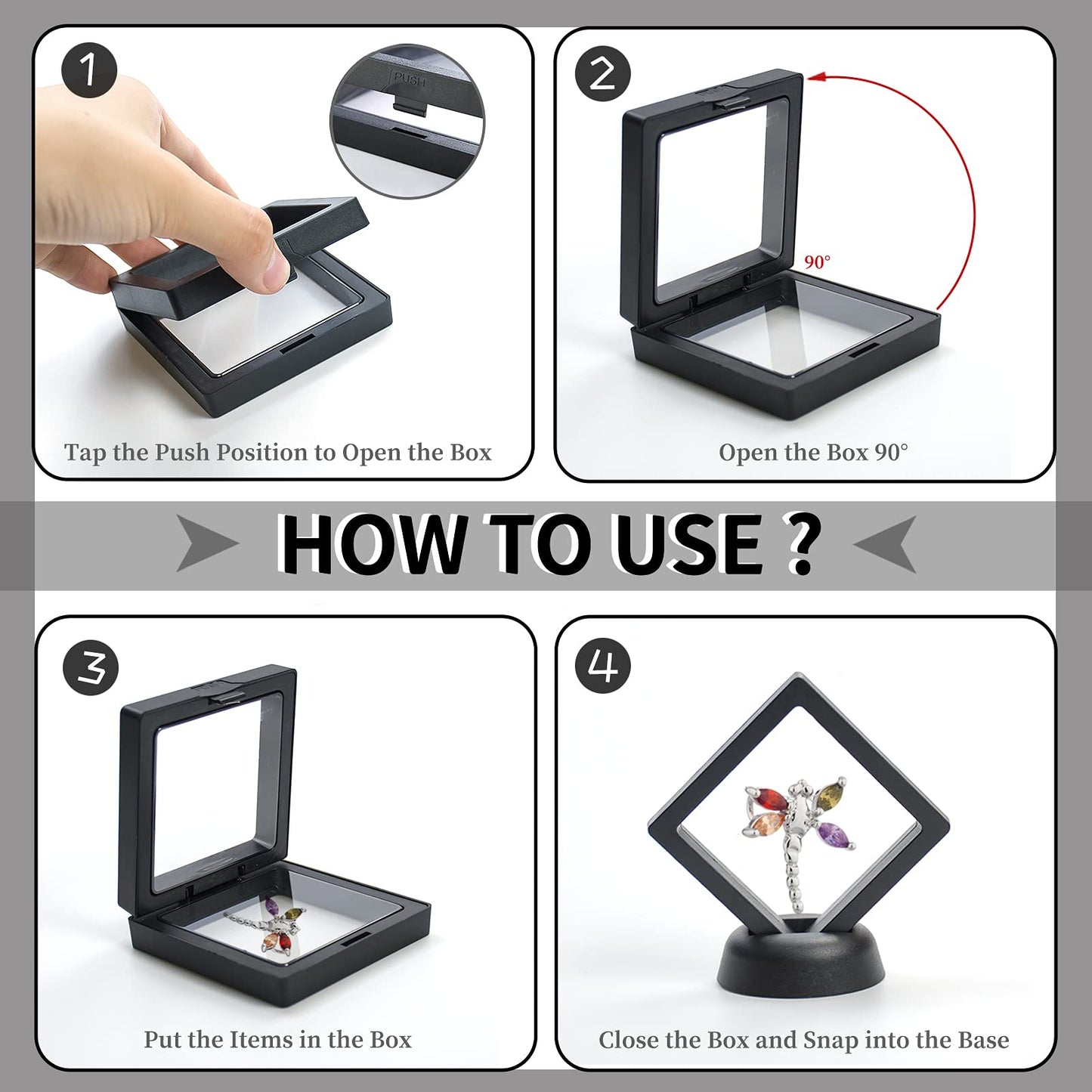 KMOTASUO 3D Floating Display Case, Transparent Film 3D Floating Coin Display Frame Holder Stands for Challenge Coin AA Medallions Jewerly Fossils Rocks, 2.75 x 2.75 x 0.75 Inches (Black-12Pcs)