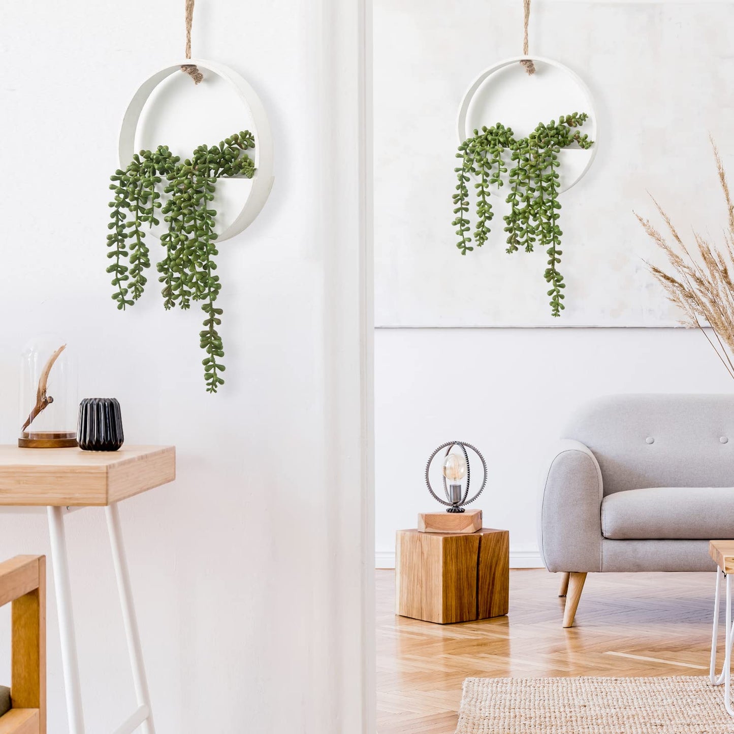 CEWOR 2pcs Artificial Hanging Succulent Plants, Fake String of Pearls in Pot with Lanyard Boho Wall Decor for Bathroom Living Room Home Indoor Outdoor Decorations, White
