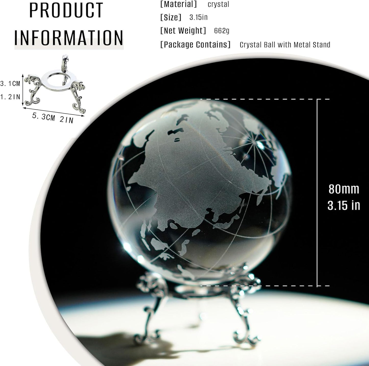 ZEERSHEE 80mm Crystal Earth Globe Ball with Stand World Map Glass Sphere Desk Office Home Decor Glass World Globe Paperweight