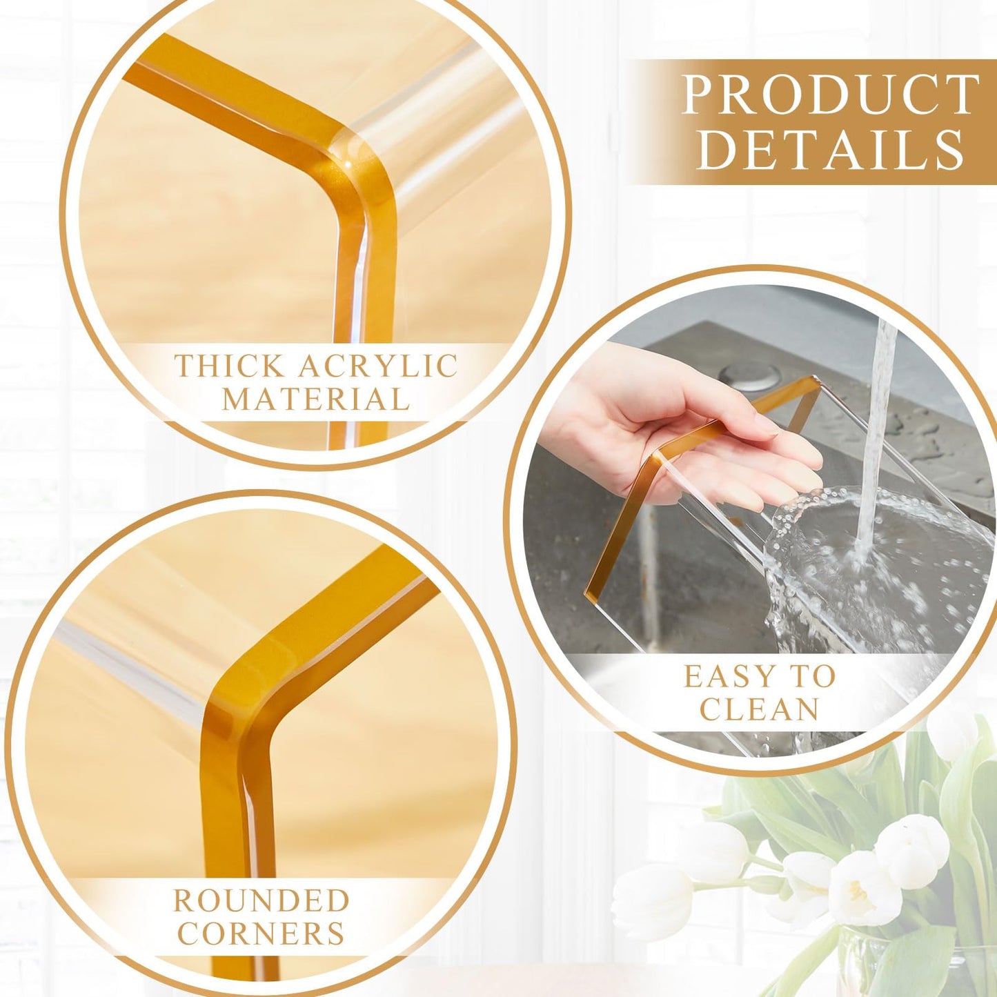 RattanView 5 Pack Clear Acrylic Purses Display Stands, 11" L 5mm Thick Luxury Purse, Handbag, Jewelry & Perfume Risers, Gold Luxury Shoe Display Riser for Closet, Boutique, Vendor Events (5 Tier)