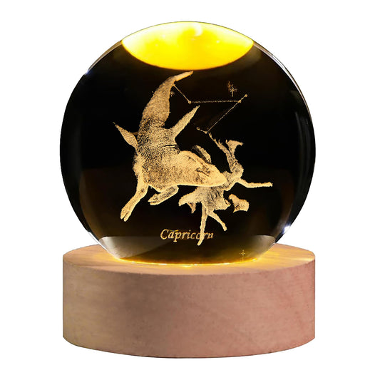QIANCHANG Capricorn Constellation Crystal Ball with LED Light Stand, 60mm 3D Laser Etched Glass Sphere Decorative Balls, Zodiac Astrology Birthday Gifts for Women Kids
