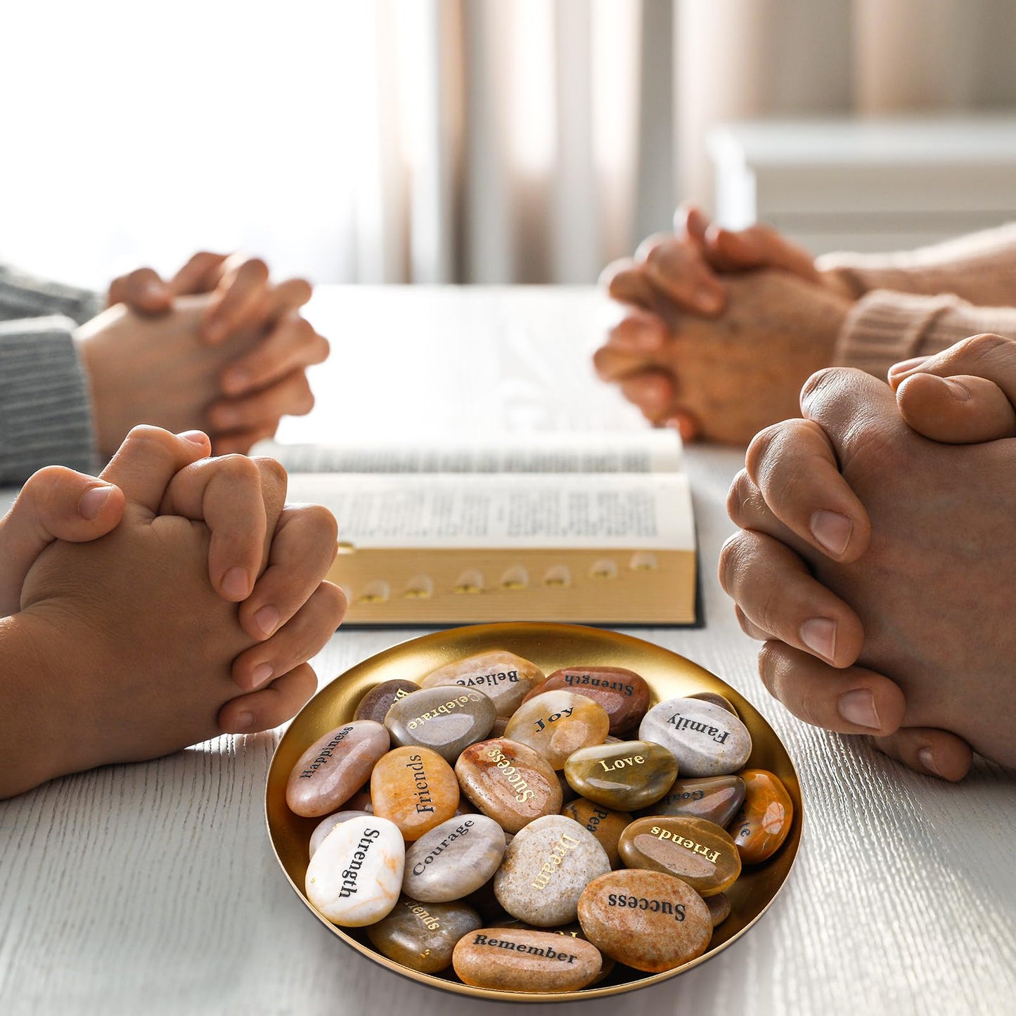 Nuanchu 72 Set Inspirational Stones Bulk with Velvet Bags Different Words Encouragement Amulets Gift Stones Polished Prayer River Pebble for Baptism Christening Gift Religious Home Decor 1-2 Inch