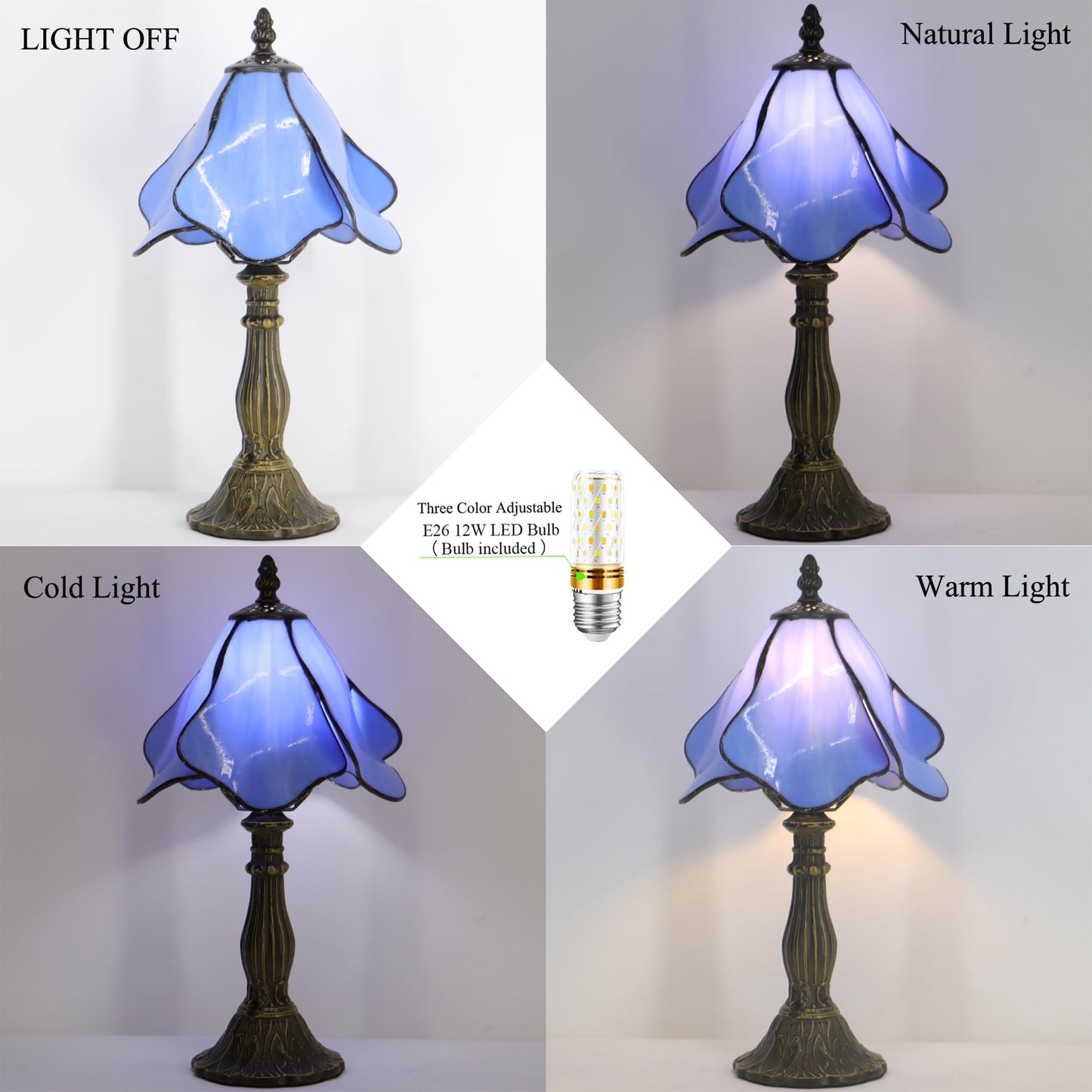 WFAYNTIFL Small Tiffany Table Lamp Blue Morning Glory Style W8H14.5 Inch