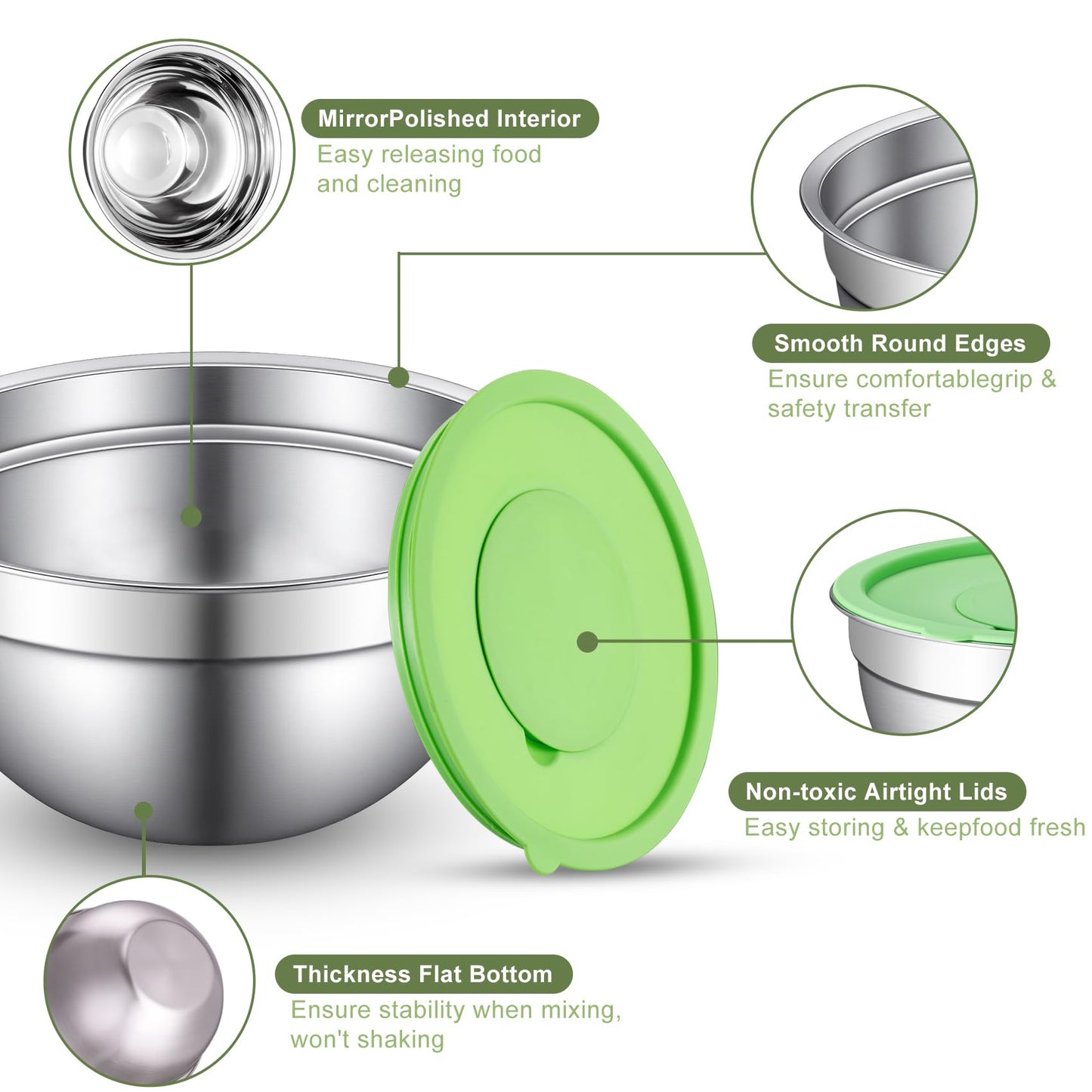 Xyingshine Stainless Steel Mixing Bowls with Lids, 6-Size Nesting Set 0.7-4 QT, 3 Grater Inserts for Meal Prep, Baking, Serving & Storage