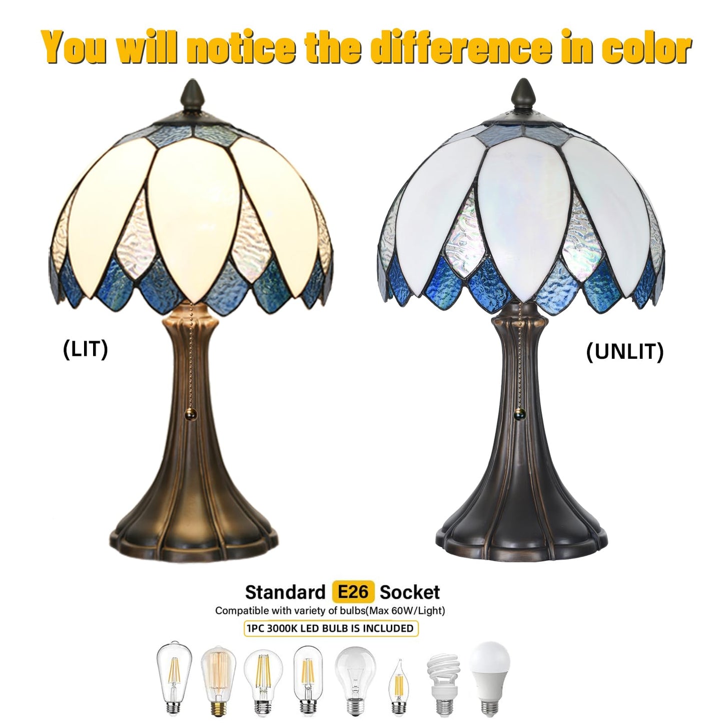 HomeBeauty TL0014 Tiffany Table Lamp Handmade Stained Glass Blue & White Lotus Bedside Lamp Bending Glass Reading Desk Light 9.5 X 16.5 Inches for Bedroom Living Room Home Office (Blue &White)