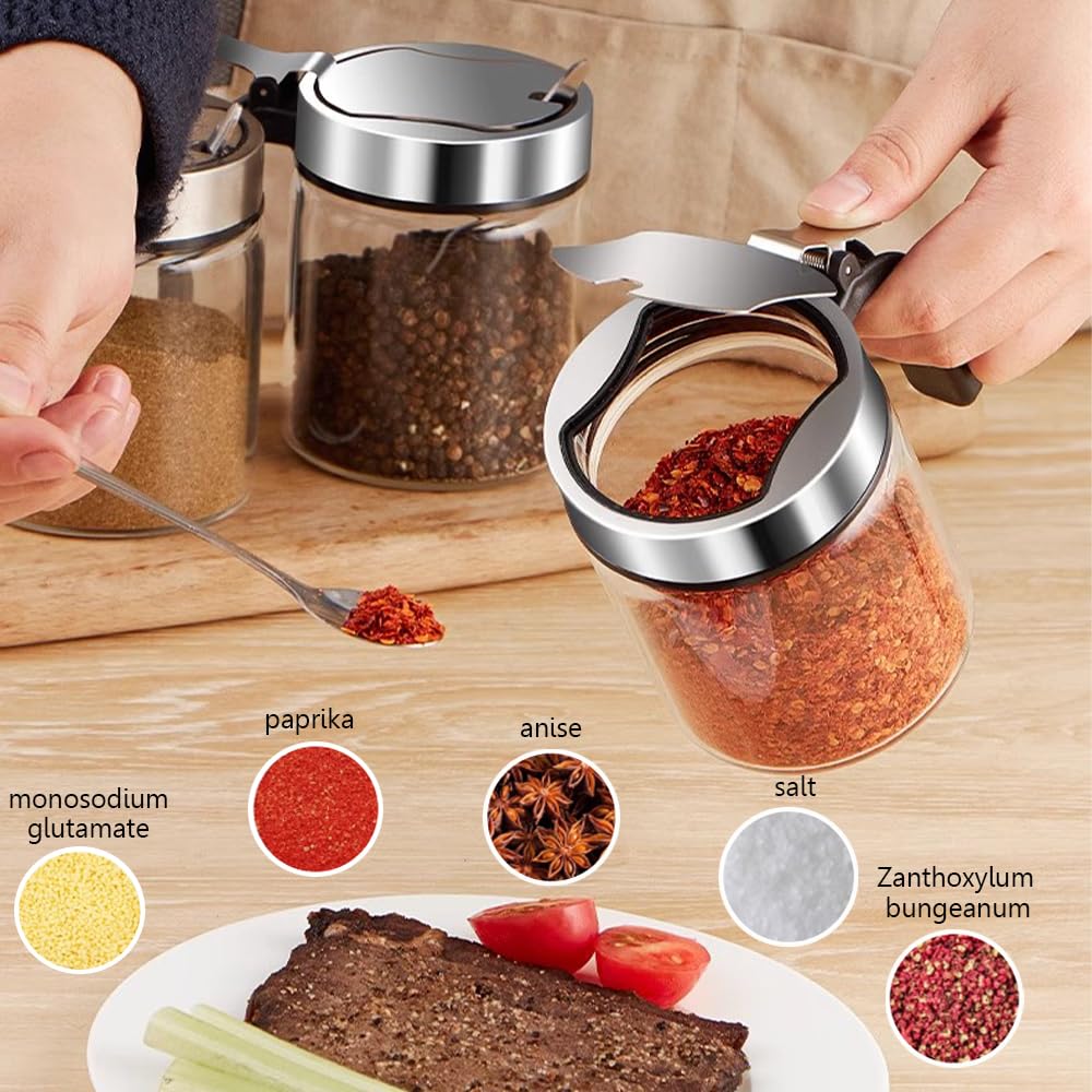 TINMIX Revolving Condiment Pots Sugar Bowl Salt & Pepper Cellar with Lid and Spoon, Set of 4 Seasoning Box Spice Jar with 360 Rotating Holder Tray for Kitchen, 4 Pots