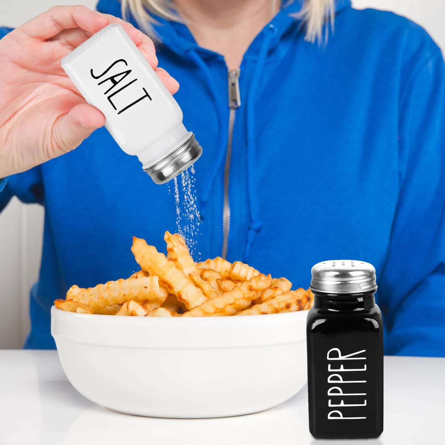 4 Pack Salt and Pepper Shakers Set, Glass Salt Shaker with Stainless Steel Lid, Modern and Cute Farmhouse Salt and Pepper Set (Black and White)
