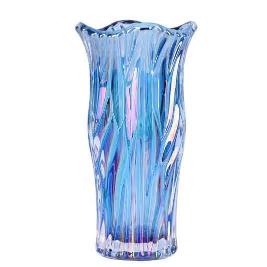 Glass Vase, 9.1" Crystal & Glass Flower Vase, Wide Mouth Unique Decorative Vase, Vases for Centerpieces, Iridescent & Colored Glass Vase for Home Table Decor (Blue-1)