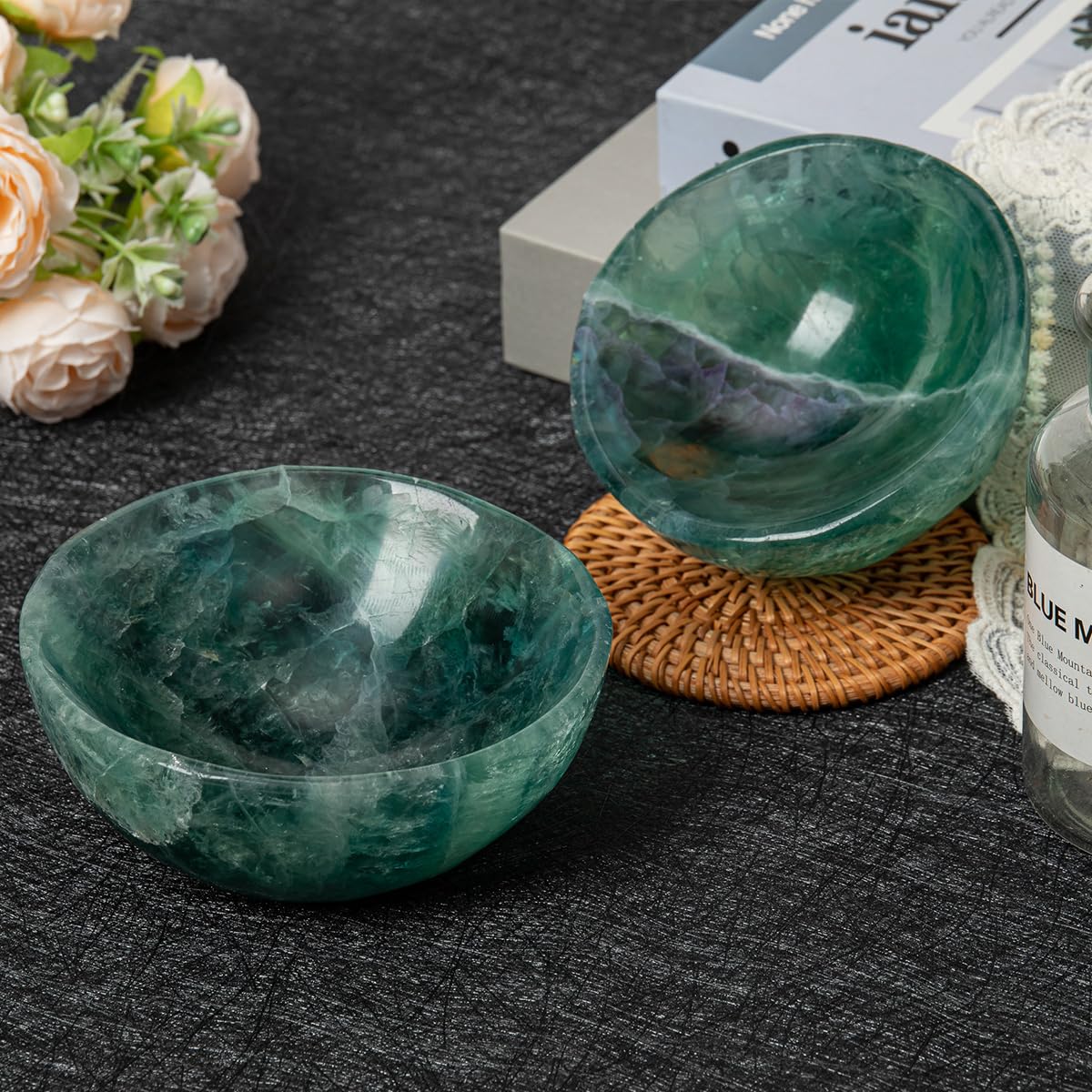 MOGEMT Large Green Fluorite Crystal Bowl Hand-Carved Round Fluorite Crystals Gemstone Bowl Reiki Healing Home Decoration Gift 4-4.5"