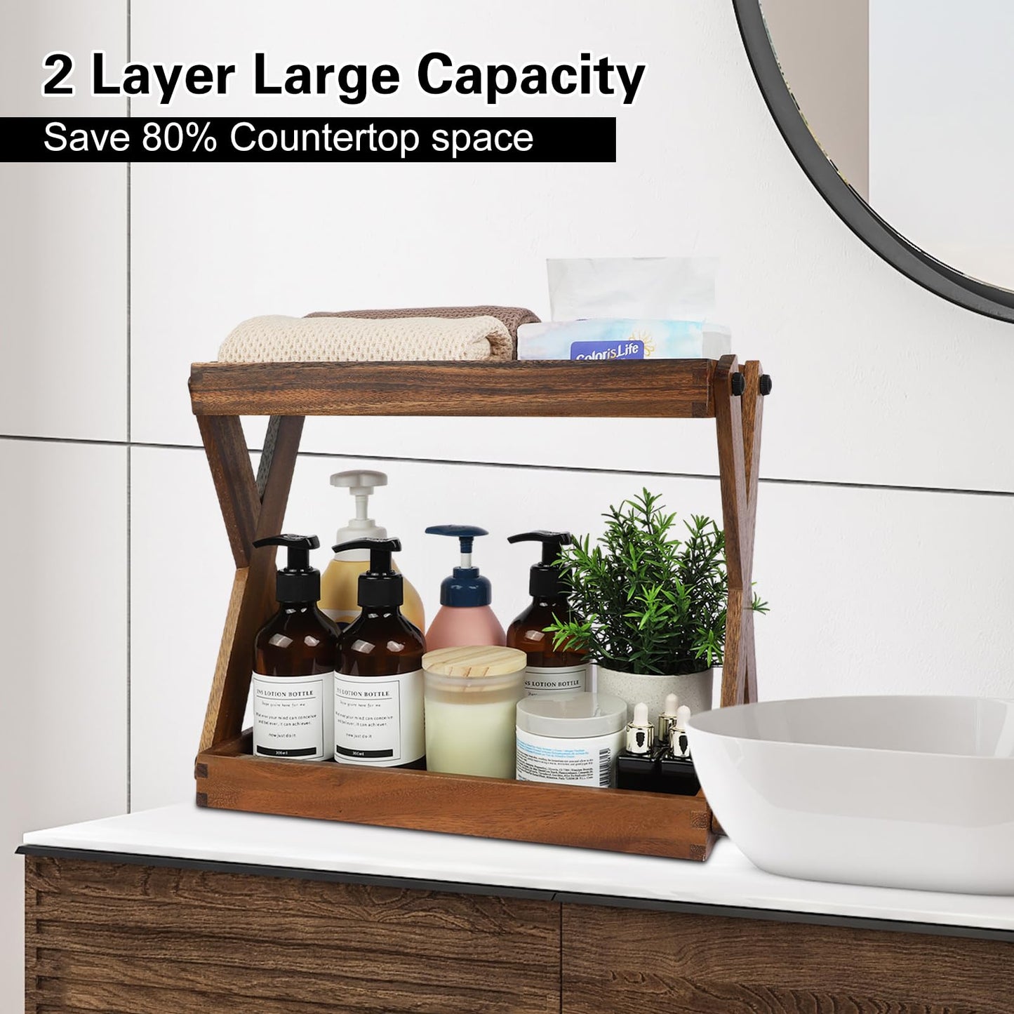 ZOVANO Wood Countertop Shelf Organizer, 2 Tier Wooden Shelf for Coffee Bar Accessories, Kitchen Spice Rack Organizer, Condiment Storage Caddy for Home, Office, Bathroom counter