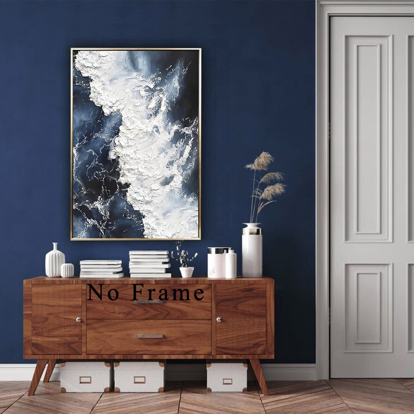 BACJUOPLDArt Abstract Ocean Canvas Wall Art Navy Blue And White Abstract Poster Blue Sea Ocean Wave Picture Modern Navy Blue Landscape Painting For Bedroom Wall Decor 16x24in No Frame