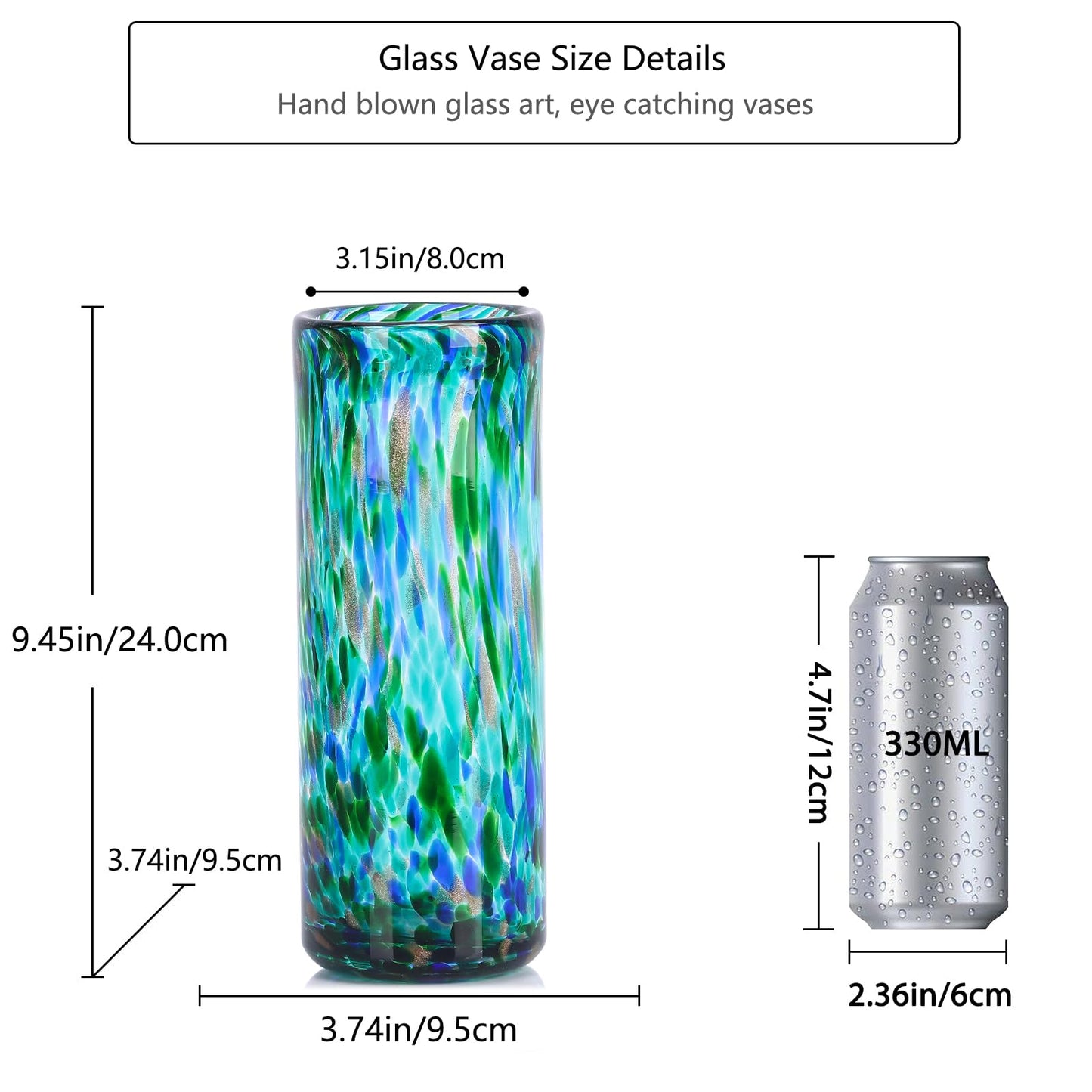 9.45" Tall Teal Vase Hand Blown Glass Vase Green, Modern Teal Home Centerpieces Wide Mouth Vases for Bud&Flower Decor - Ideal Living Room, Kitchen, Wedding, Dining Table, Office Center Table