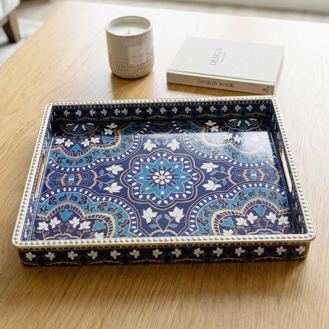 UOEKCS Boho Serving Tray with Handles, Large Rectangular Decorative Ottoman Tray with Gold Beaded Rim, Blue Floral Mandala Design, for Coffee Table, Kitchen Counter, Vanity, 15.7”x11.8”