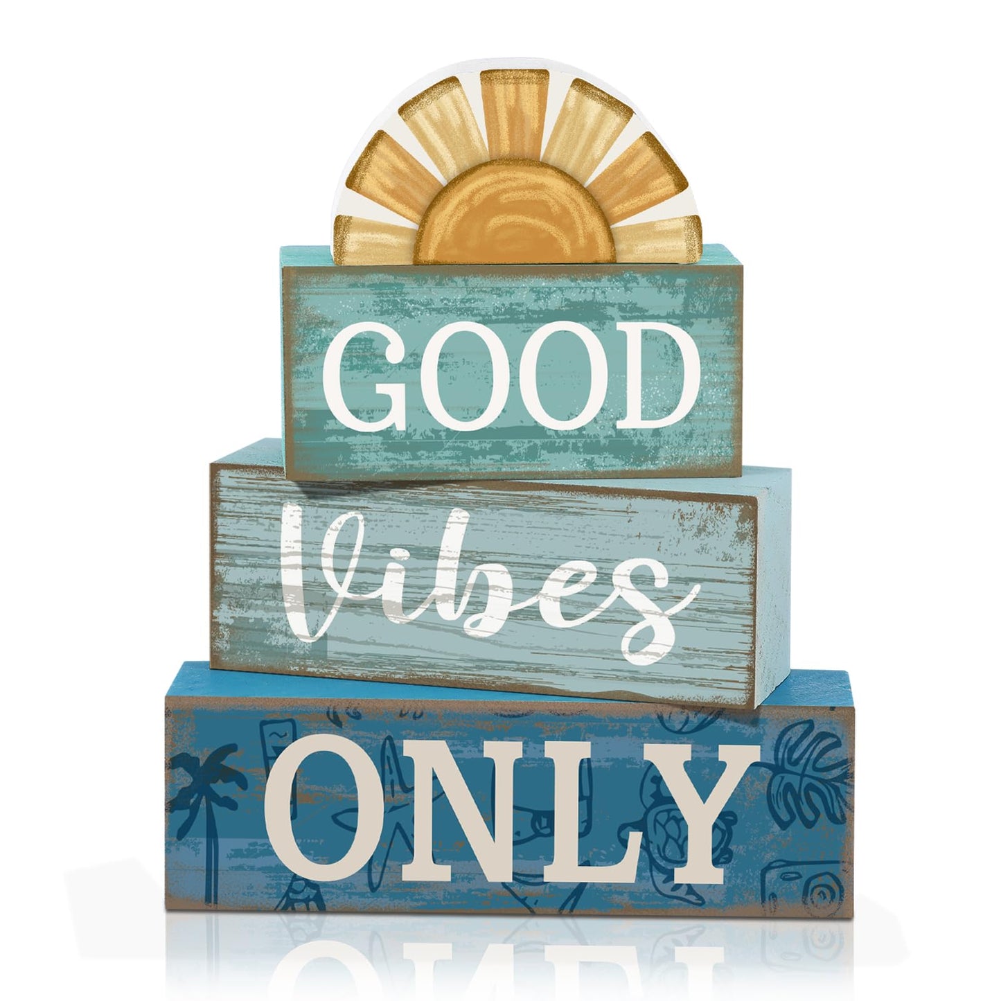 Lineshading 4 Pcs Beach Themed Table Decor Good Vibes Only Wood Block Sign Wooden Sunshine Beach Tiered Tray Decorations Summer Centerpiece Decor Funny Farmhouse Summer Decorations for Home Shelf