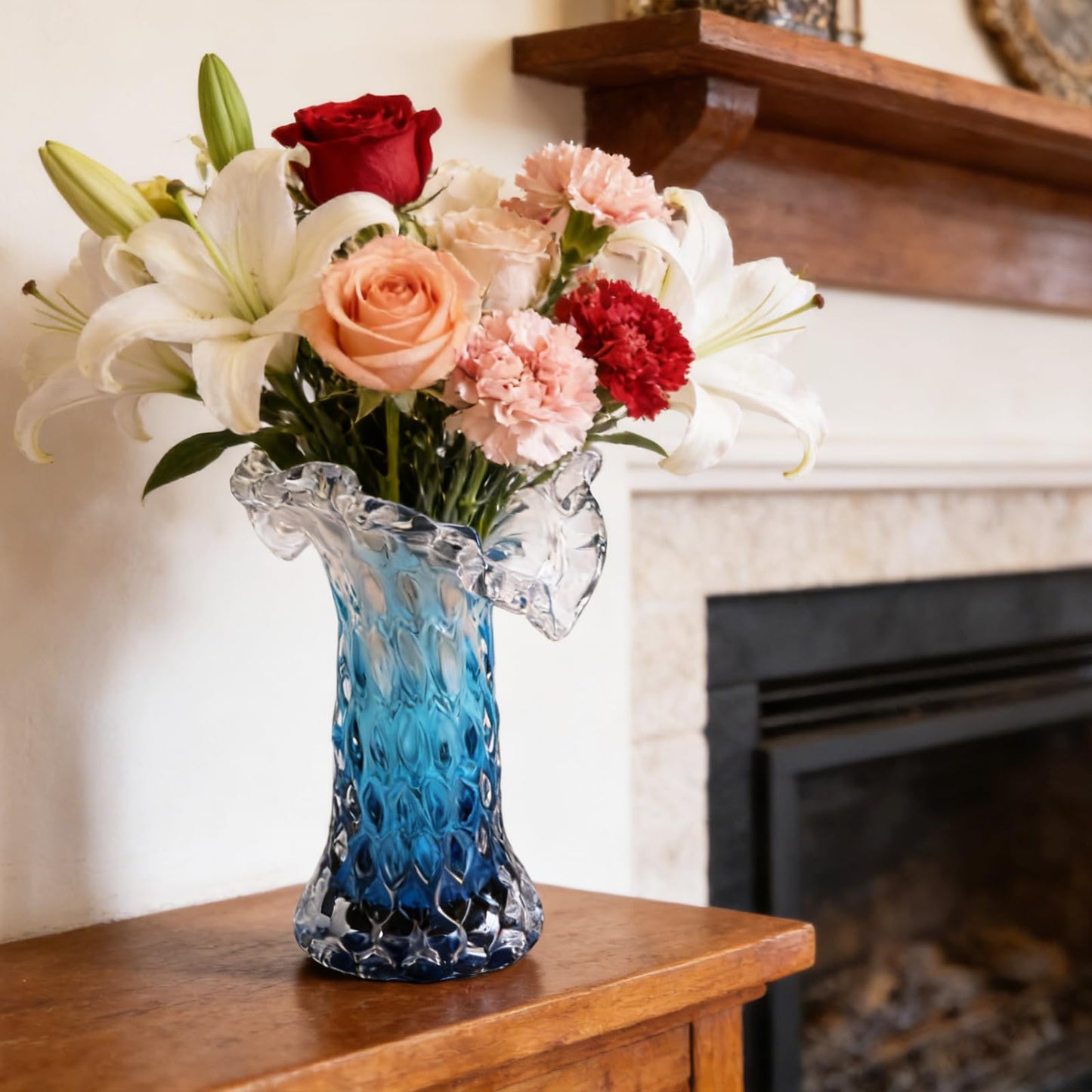 Unique Waves Hand Blown Crystal Glass Vase - Blue Gradient Flower Vase for Home Decor& Living Room Table, Centerpieces & Gift