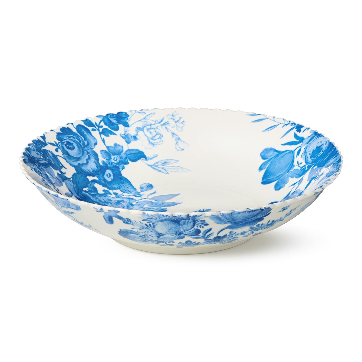 Gabrielle Blue Porcelain SERVING BOWL,12 Inches, scalloped floral toile bowl with interior and exterior artwork, elegant blue and white tableware for salads, pasta, vegetables, and fruit