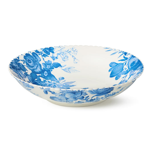 Gabrielle Blue Porcelain SERVING BOWL,12 Inches, scalloped floral toile bowl with interior and exterior artwork, elegant blue and white tableware for salads, pasta, vegetables, and fruit