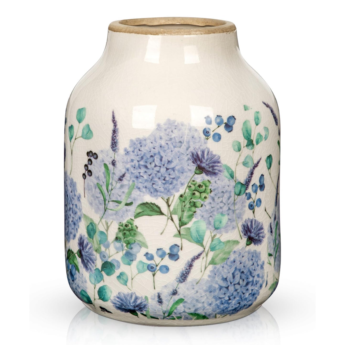 Nature Crafted Blue and Beige Vintage Ceramic Vase, 8 inch Blueberry Hydrangea Chinoiserie Floral Vase, Rustic Ceramic Large Vase for Home Table Bookshelf Kitchen Living Room Office Balcony