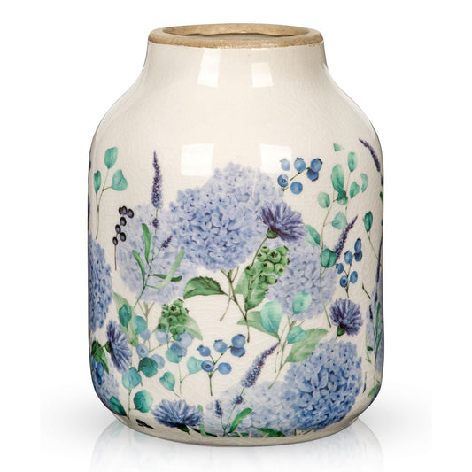 Nature Crafted Blue and Beige Vintage Ceramic Vase, 8 inch Blueberry Hydrangea Chinoiserie Floral Vase, Rustic Ceramic Large Vase for Home Table Bookshelf Kitchen Living Room Office Balcony
