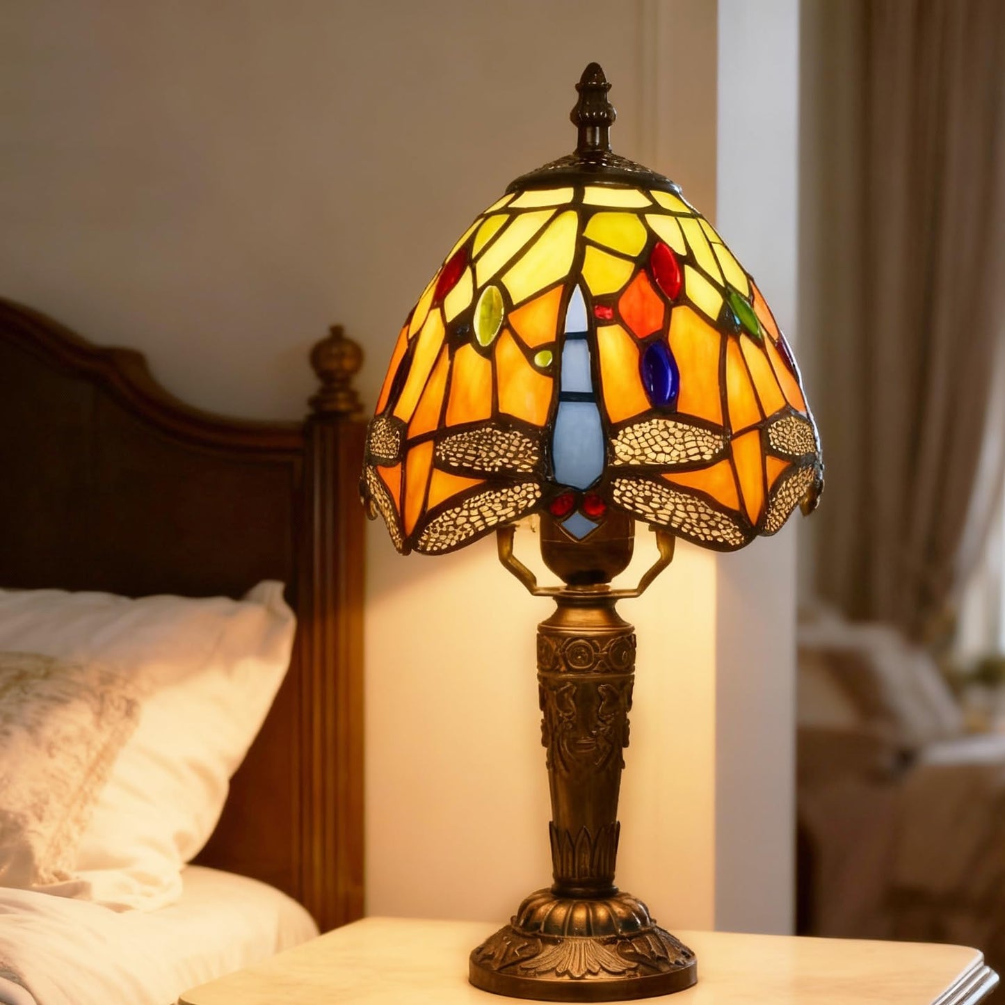 Plynvexa Tiffany Style Table Lamp with LED Bulb, 6 Inch Antique Stained Glass, Handmade Night Light for Bedroom, Living Room, Office Desk(Dragonfly)