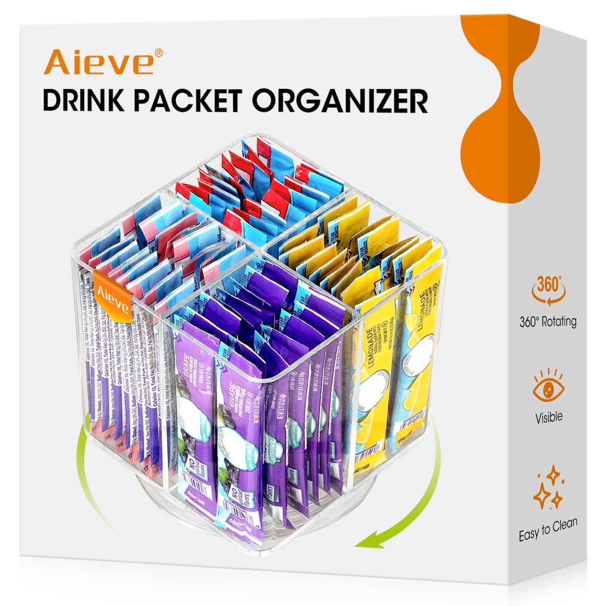 AIEVE Drink Packet Organizer, Lazy Susan Organizer for Water Flavor Packets, Drink Mix Rotating Turntable Sugar Packet Holder Container for Pantry Organizers and Storage, Square