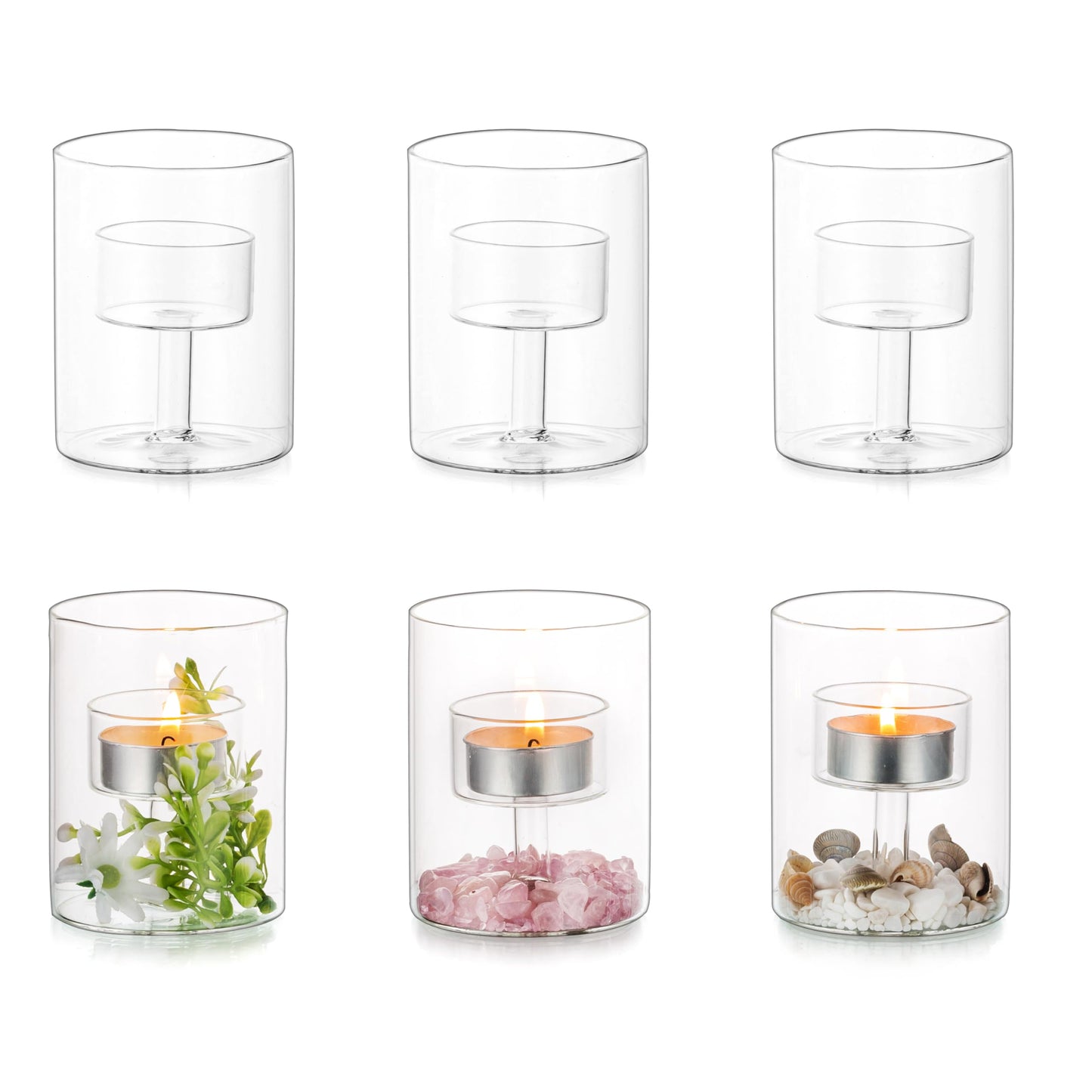 Glasseam Glass Tealight Candle Holder: Small Hurricane Cylinder Votive Holder Set of 6 Modern Table Centerpiece Wedding Christmas Party Decorations, 3.15