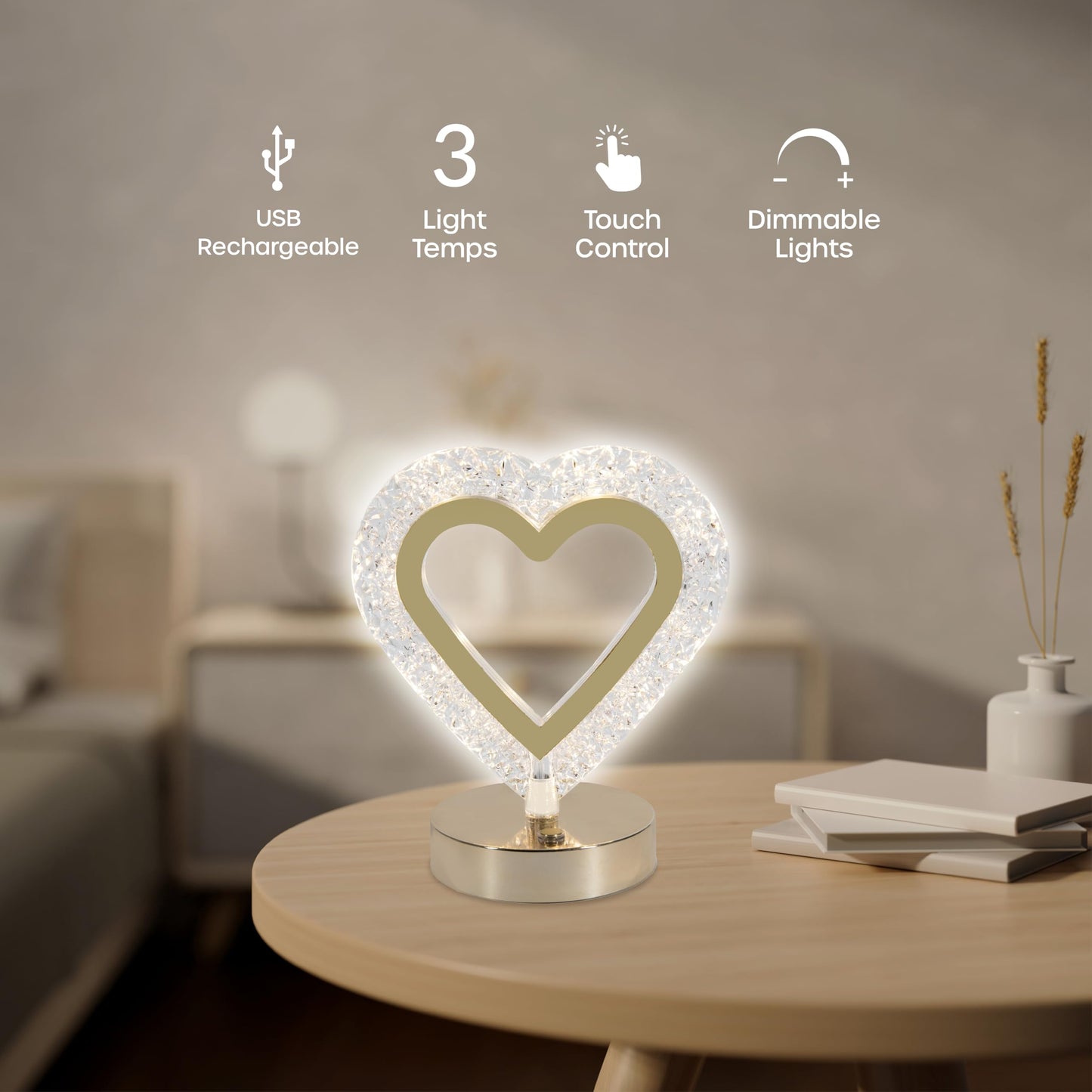 Luze Rechargeable Crystal Heart Touch Lamp - LED Night Lamp with Stepless Dimming, Warm White/Natural White/White Light, 18650 800mAh Battery, USB Cable, Touch Switch Metal Plastic Bedside Light