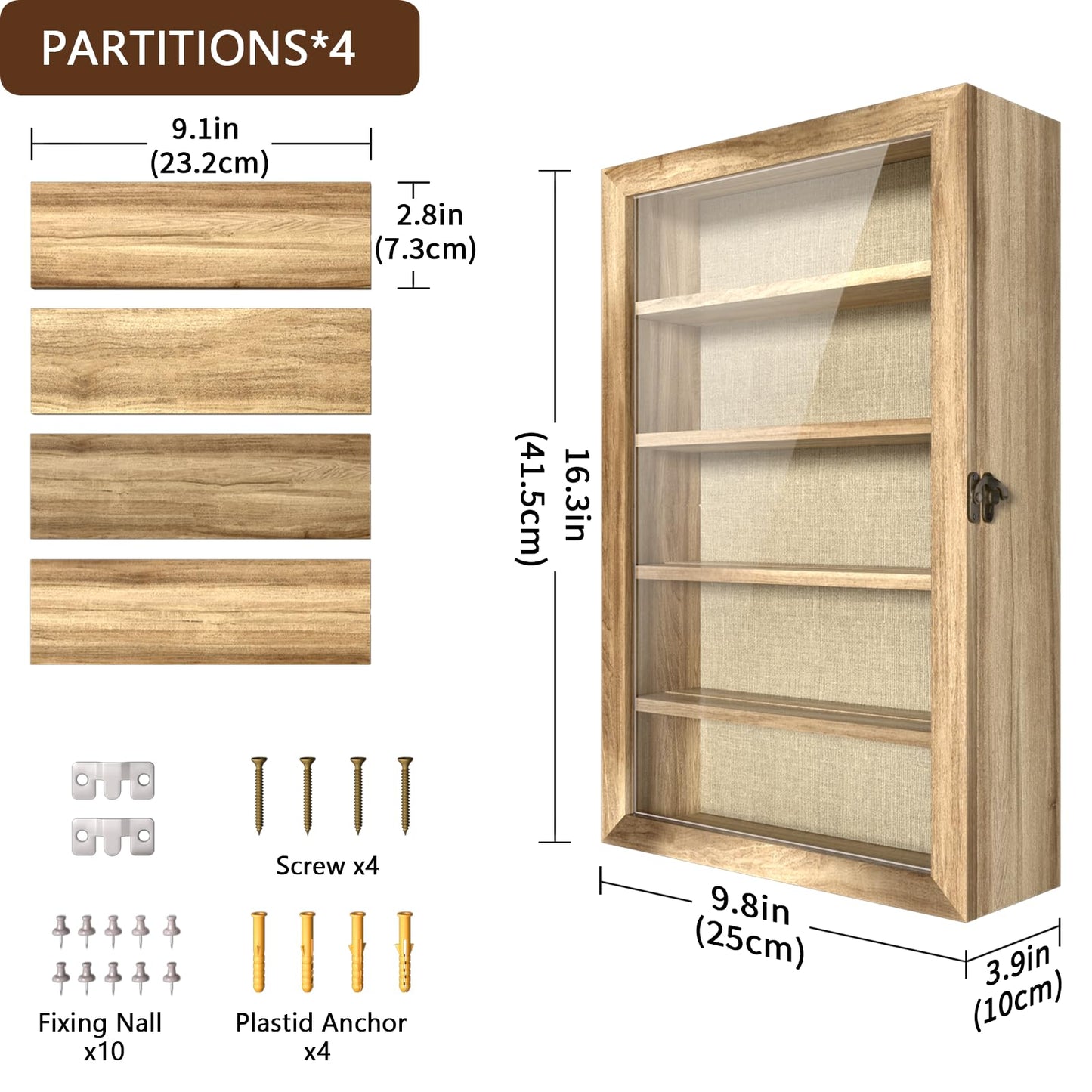 REFGY 16x9 Extra Deep Shadow Box Display Case with 4 Removable Shelves Large Wooden Shadow Box Frame for Figurines & Collectibles Deep Shadow Box with Magnetic Front Loading Door
