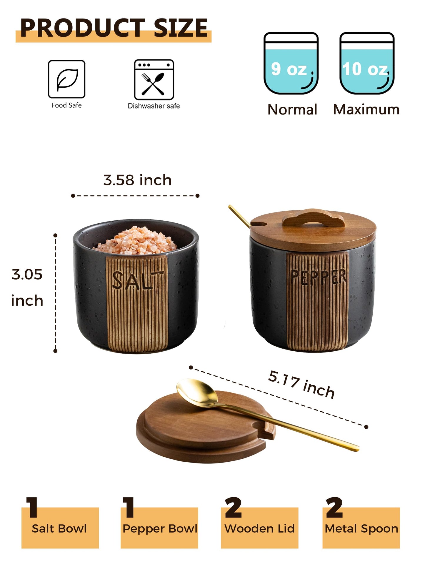 YHOJOY Salt and Pepper Bowl, Ceramic Salt Containers for Countertop, Salt and Pepper Cellar with Lid and Spoons, Black