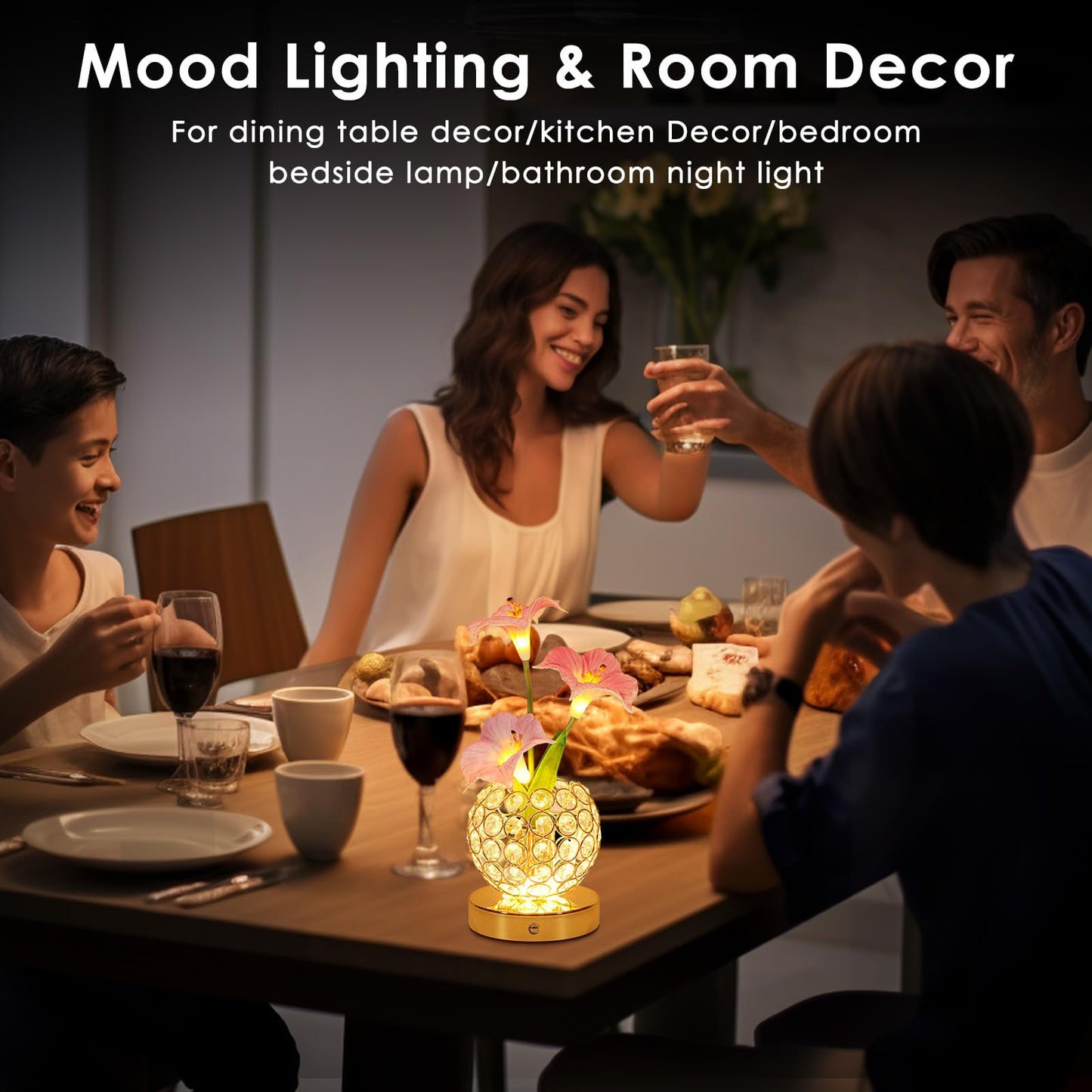 Lazzgan Pink Morning Glory Flowers Table Lamp, Rechargeable Cordless Touch Artificial Flower Crystal Lamp, Kitchen Bedroom Office Decor House Night Light, Birthday Gifts for Women Mom
