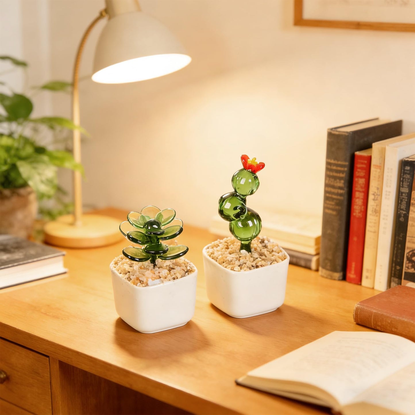 2PCS Decorative Glass Cactus Figurine in White Ceramic Pot, Cactus Desk Accessories, Plant Bonsai Figurine Decoration, Cactus Decor Use for Living Room, Balcony, Desk, Idea Gift for Succulent Lovers