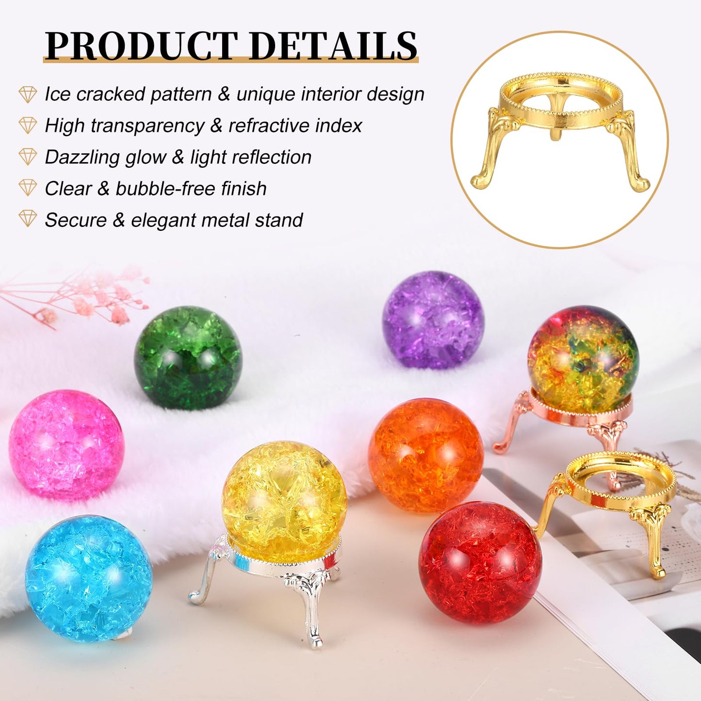 PATIKIL Crystal Ball 40mm, Ice Cracked Glass Ball with Metal Stand, Decorative Crystal Sphere Glass Paperweight for Home Office Table Decor, Pink/Gold