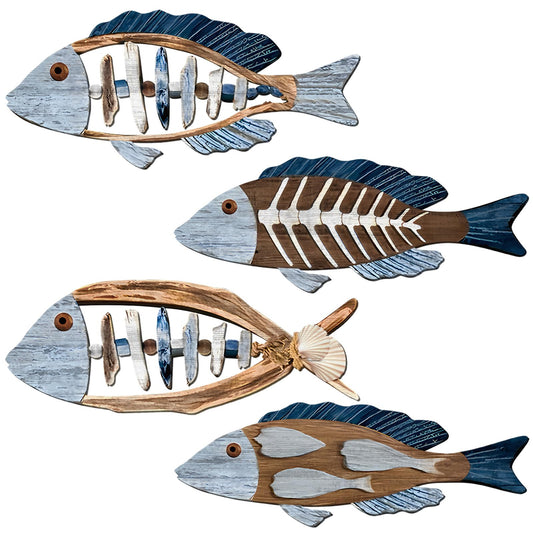 Novabright 4 Pcs Wooden Fish Wall Decor Rustic Farmhouse Ocean Fish Wall Art Vintage Beach Nautical Coastal Theme Fishbone for Home Lake Ocean Bathroom Bedroom