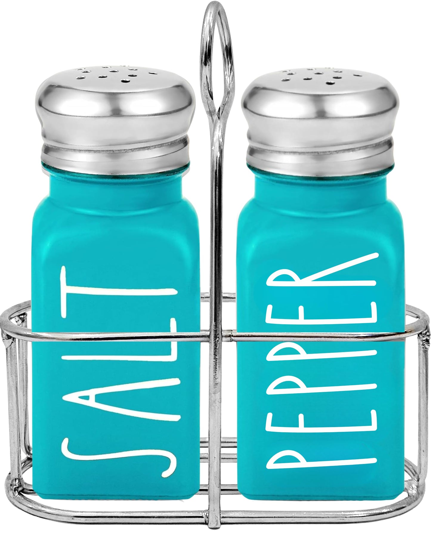 Teal Salt and Pepper Shakers Set with Holder by Brighter Barns - Turquoise Kitchen Decor and Accessories - Cute Salt and Pepper Set with Caddy - Modern Farmhouse Glass Shakers for Dining Table (Teal)
