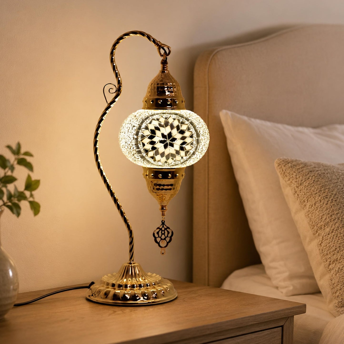 GOGERS Turkish Mosaic Table Lamp, Moroccan Style Swan Neck Bedside Lamp with Handmade Glass Shade, LED Bulb Included, Warm Ambient Decorative Accent Lamp for Bedroom, Living Room, Nightstand (White)