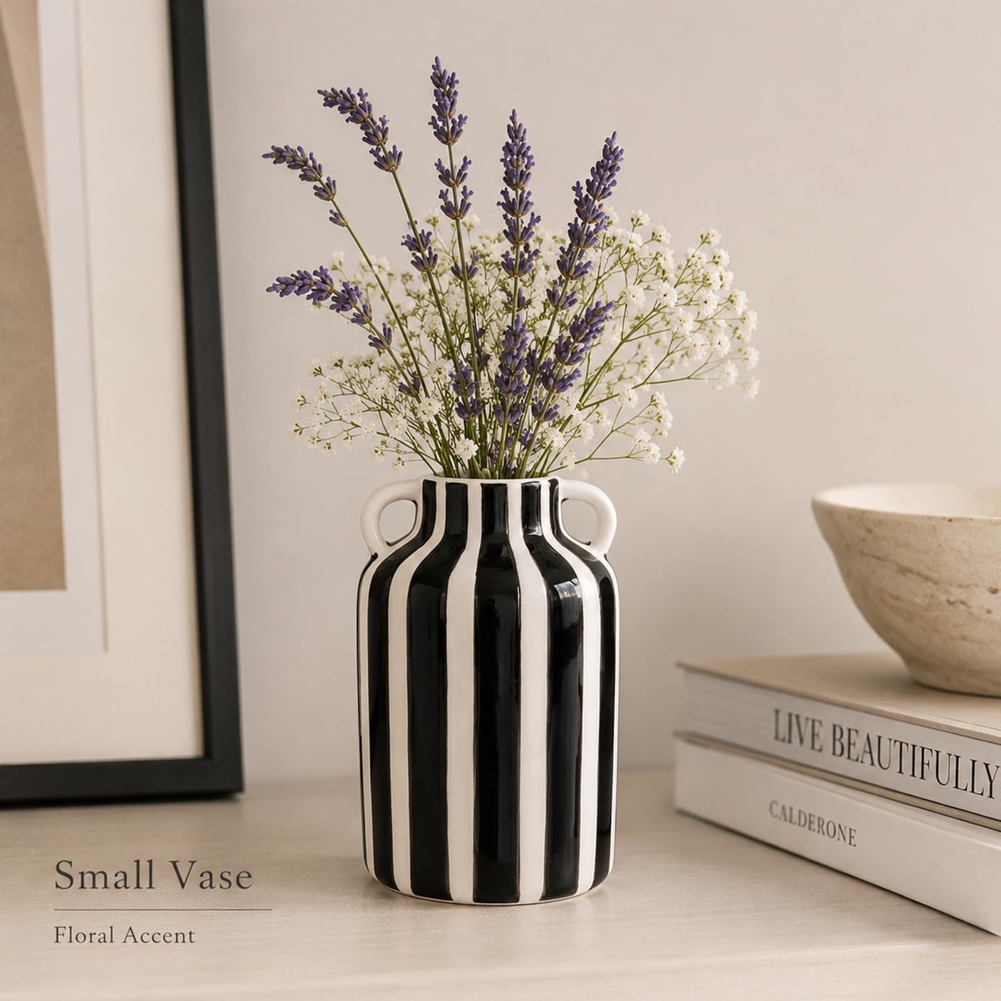 Blue and White Striped Ceramic Vase with Handles, Hand Painted Small Flower Vase for Tabletop Shelf Mantel Kitchen Counter Home Decor, Single Decorative Jar (Black)