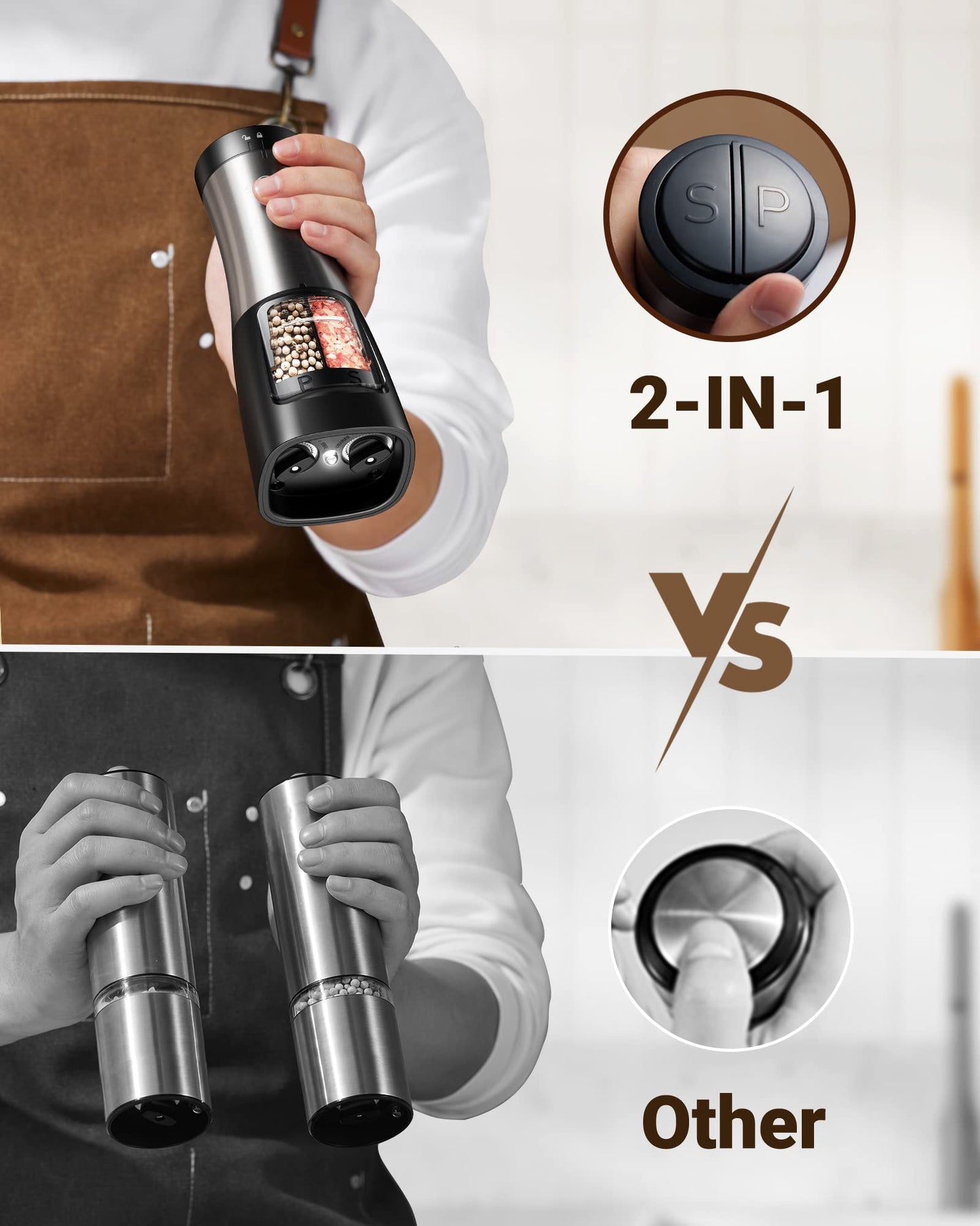 Sangcon 2-in-1 Electric Salt and Pepper Grinder, One Grinder for Two Seasonings, Automatic One-Handed Operation with Light, Adjustable Ceramic Mill, Refillable & Battery Powered