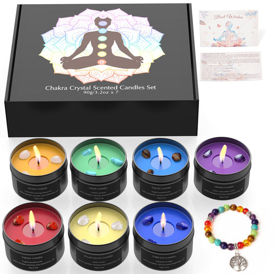 7 Chakra Crystal Candles with Healing Stones & Bracelets - Scented Meditation Candles for Stress Relief, Spiritual Decor, Yoga & Cleansing